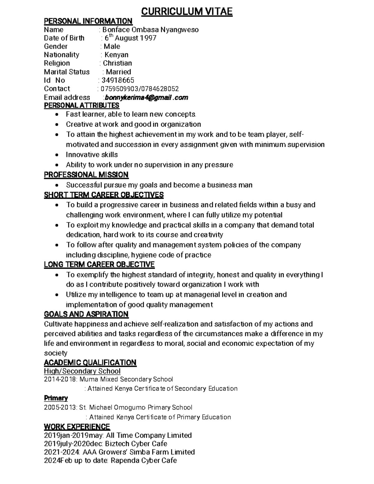 Cv - Looking for summary note - CURRICULUM VITAE PERSONAL INFORMATION ...
