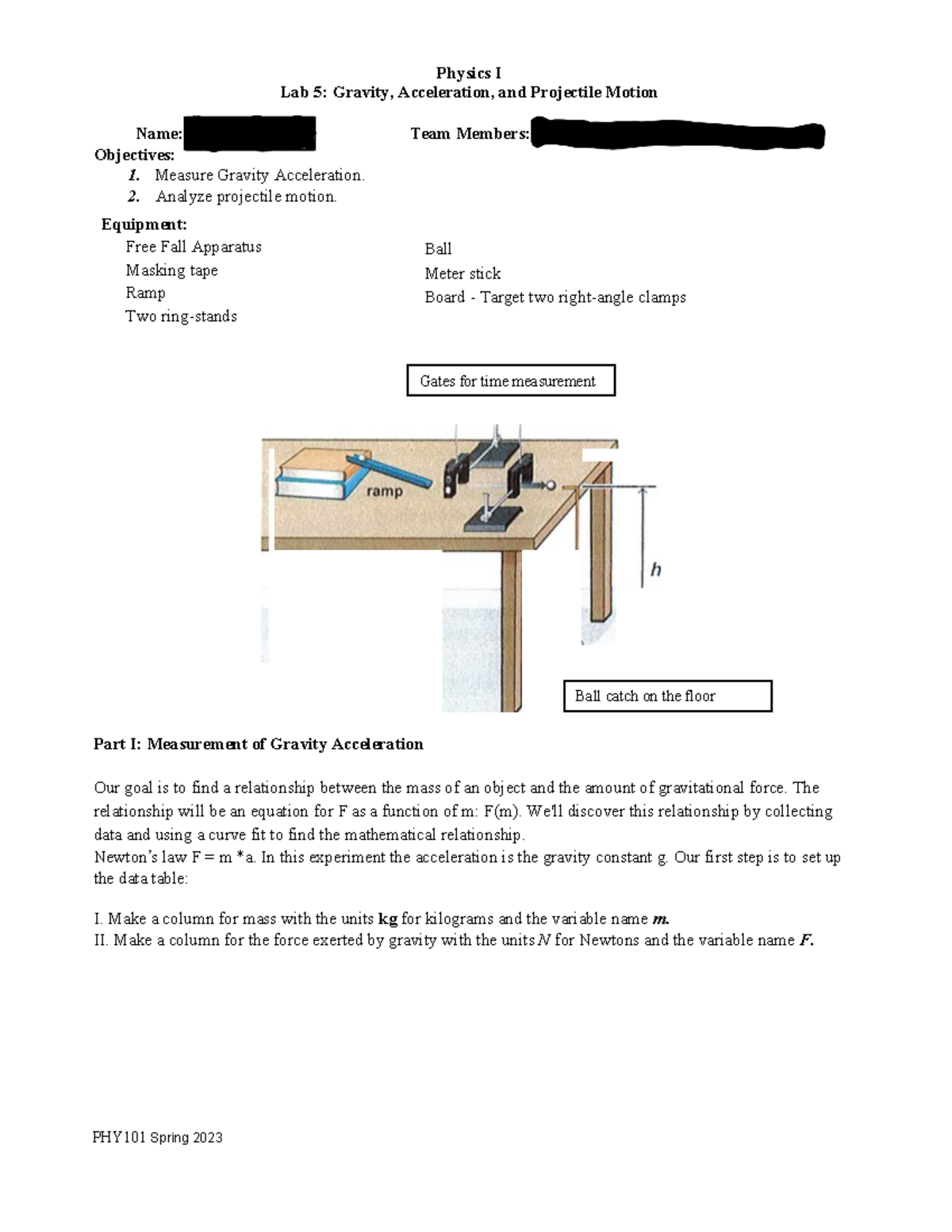 Physics Lab 5 - PHY101 Spring 2023 Physics I Lab 5: Gravity ...