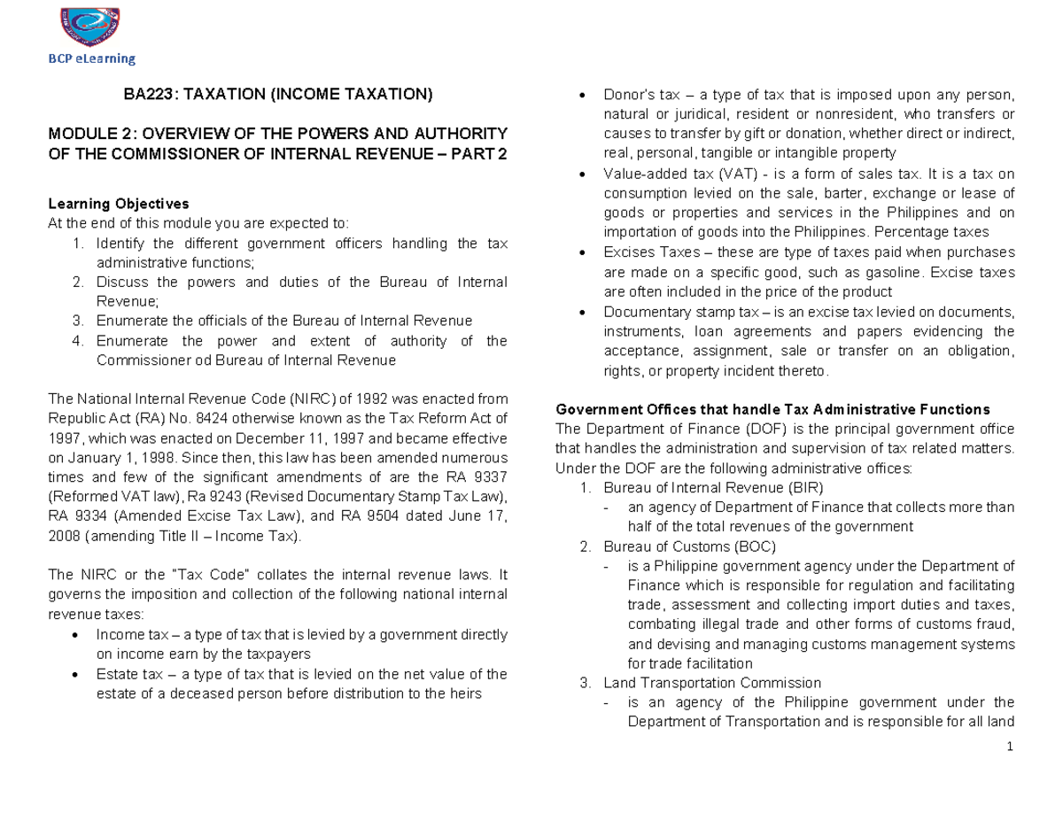 Overview of the Powers and Authority of Commissioner of Internal ...