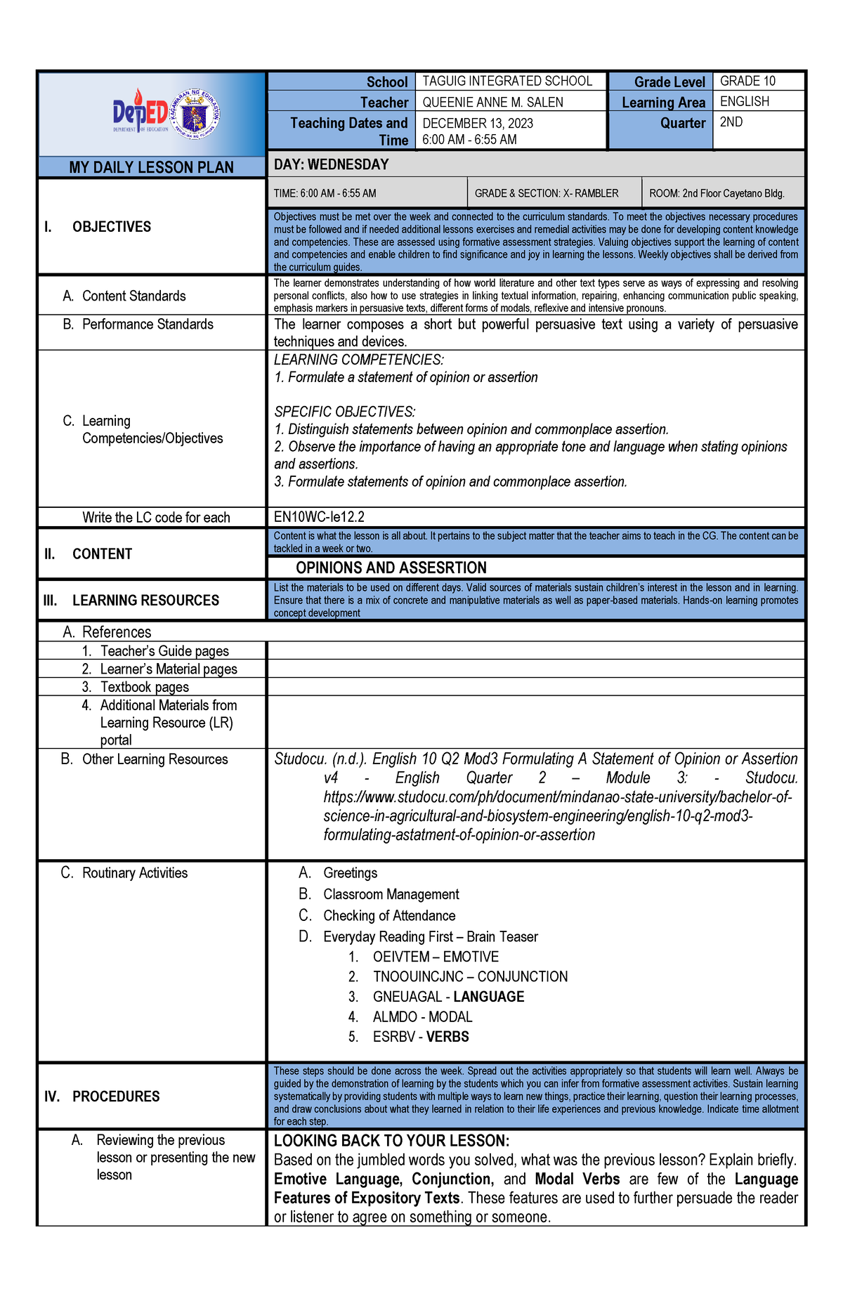 Queeniehfyh - lesson plan in grade 10 english - MY DAILY LESSON PLAN ...