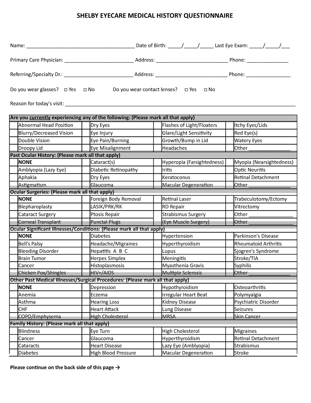 Health History Questionnaire Template 20 - Shelby Eyecare Medical 