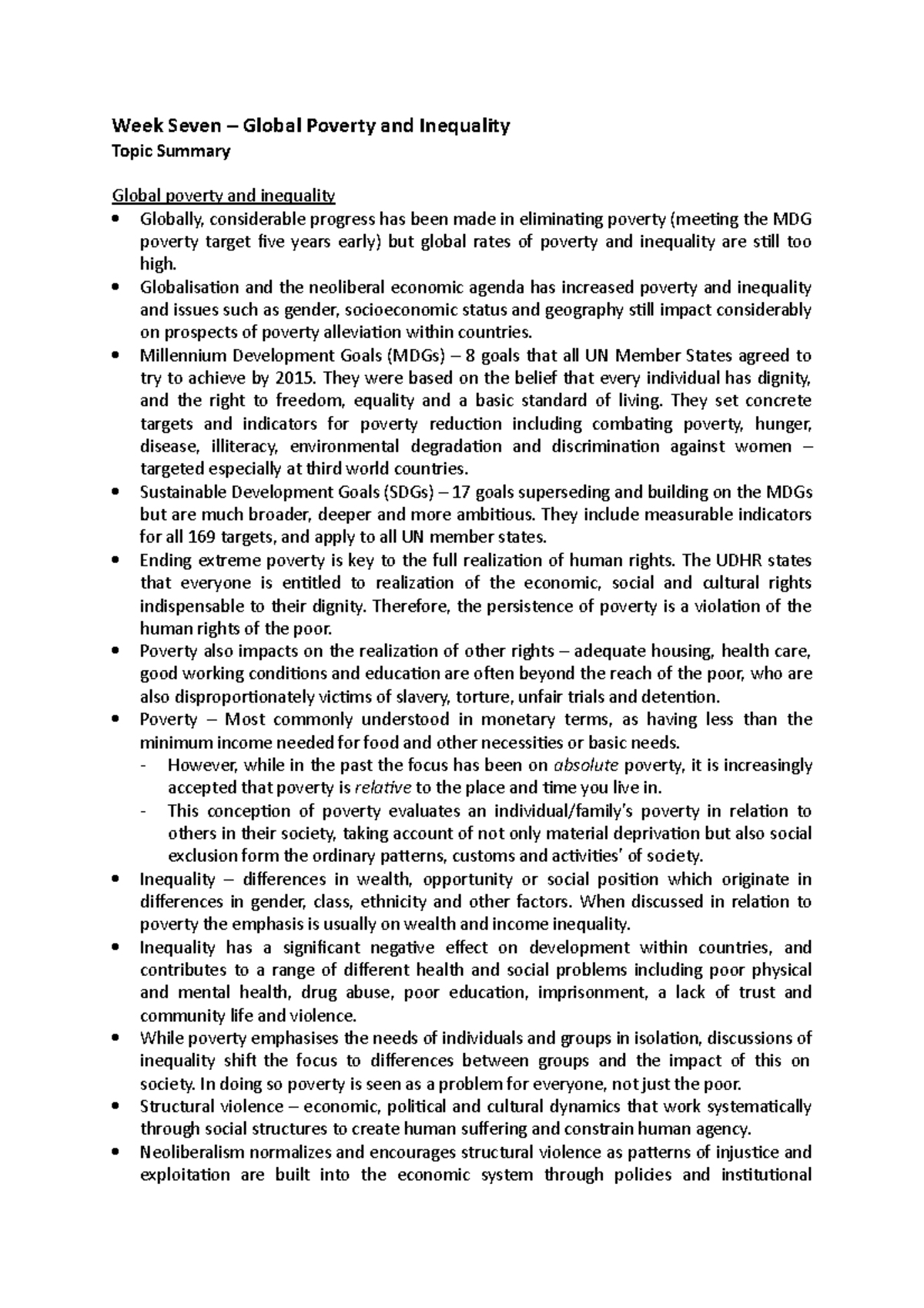 Week Seven - Global Poverty and Inequality - Week Seven – Global ...