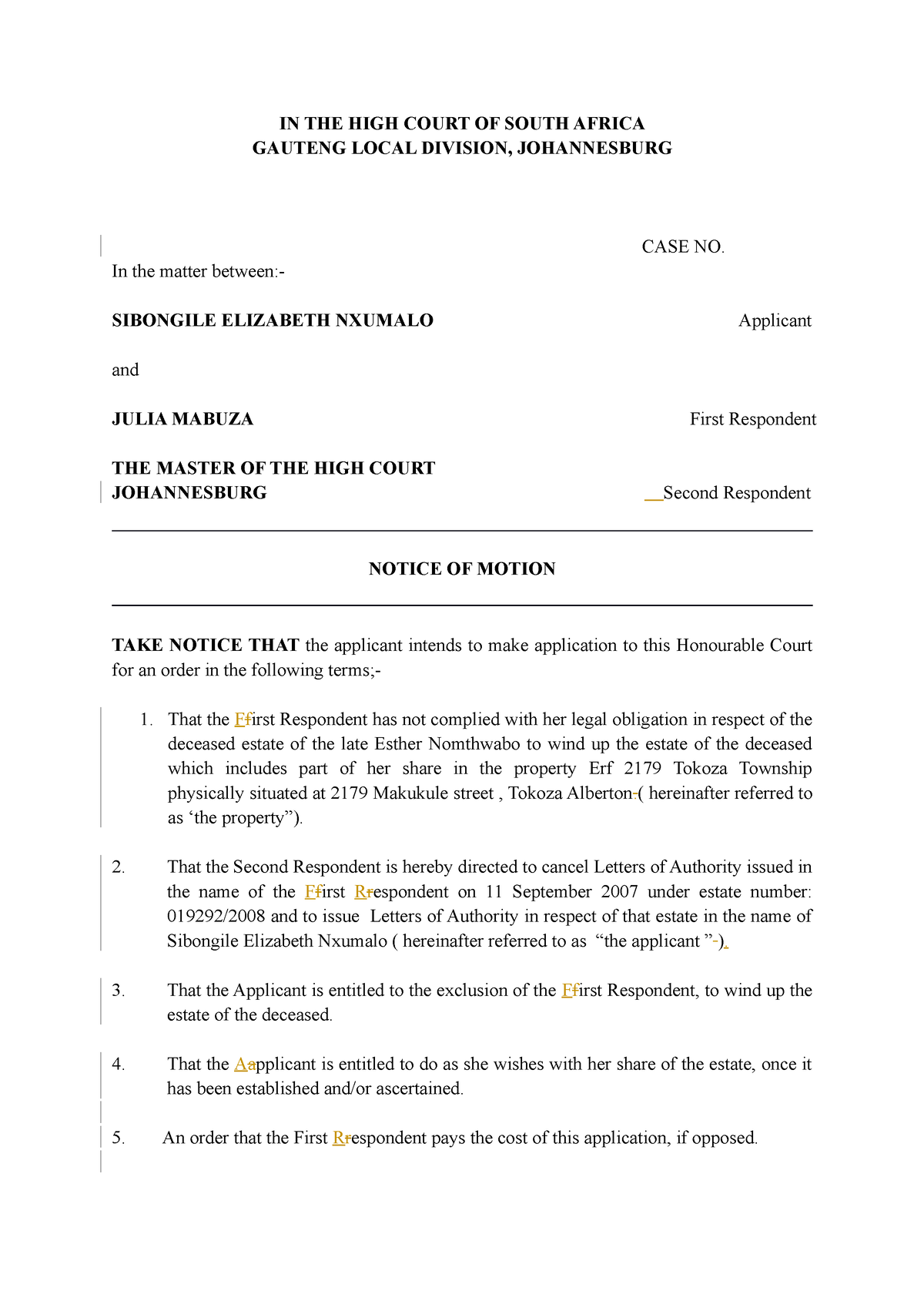 Notice OF Motion ( Removal AND Appointment OF NEW Executor) (002) IN