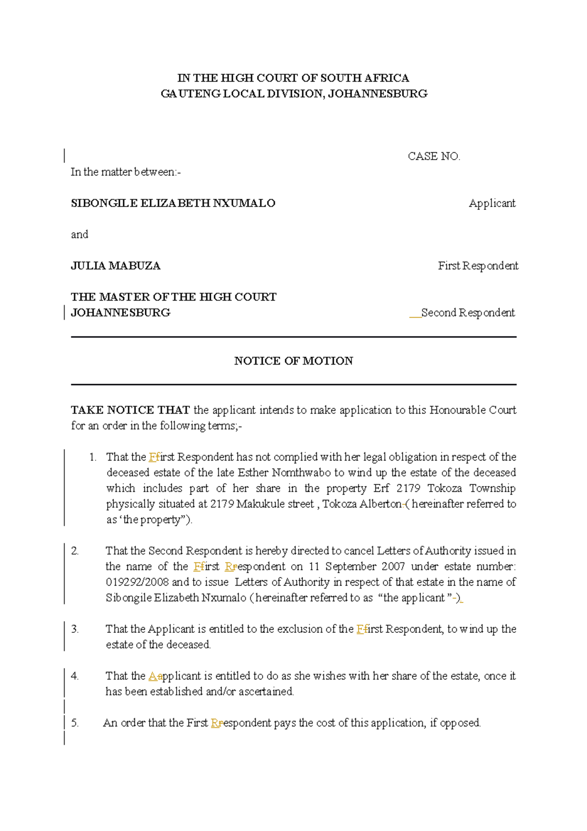 Notice OF Motion ( Removal AND Appointment OF NEW Executor) (002) IN