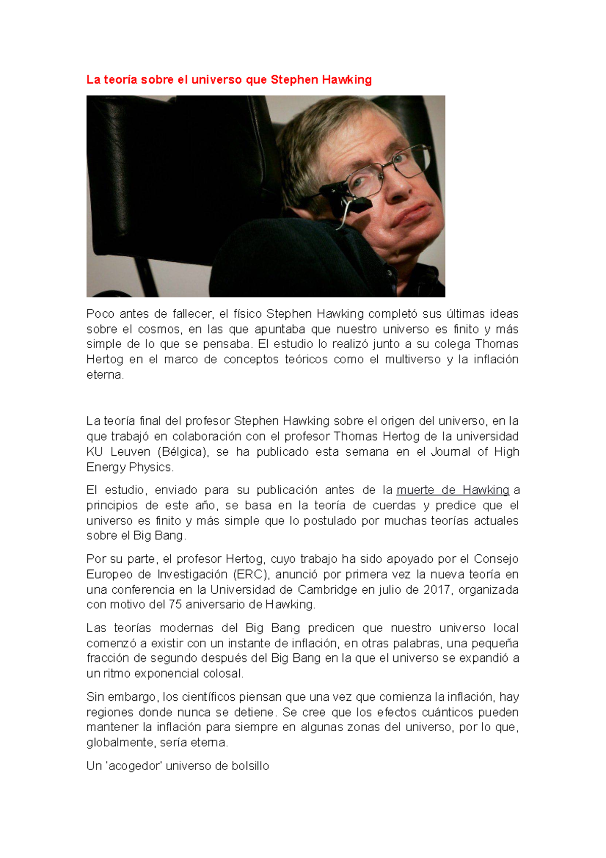 La teoría sobre el universo que Stephen Hawking - La teoría sobre el ...
