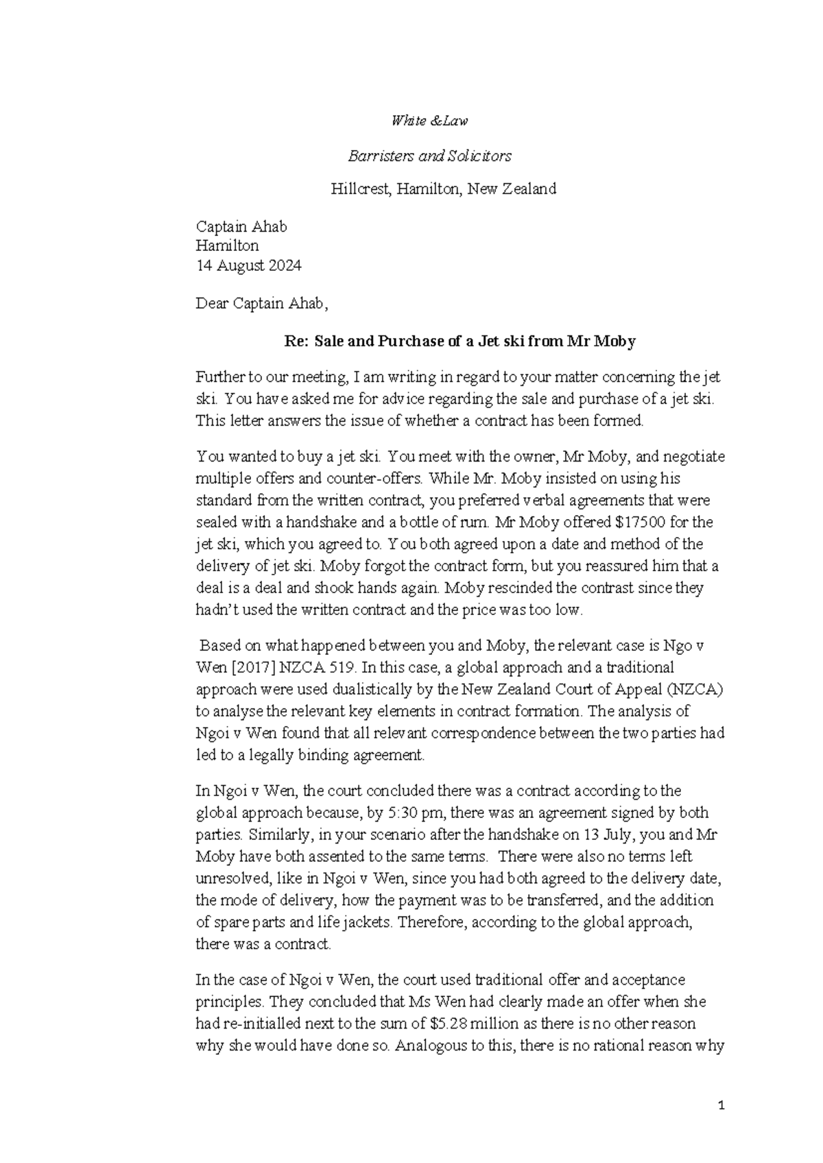 Legal 104 Client Advice Letter practise - White &Law Barristers and ...
