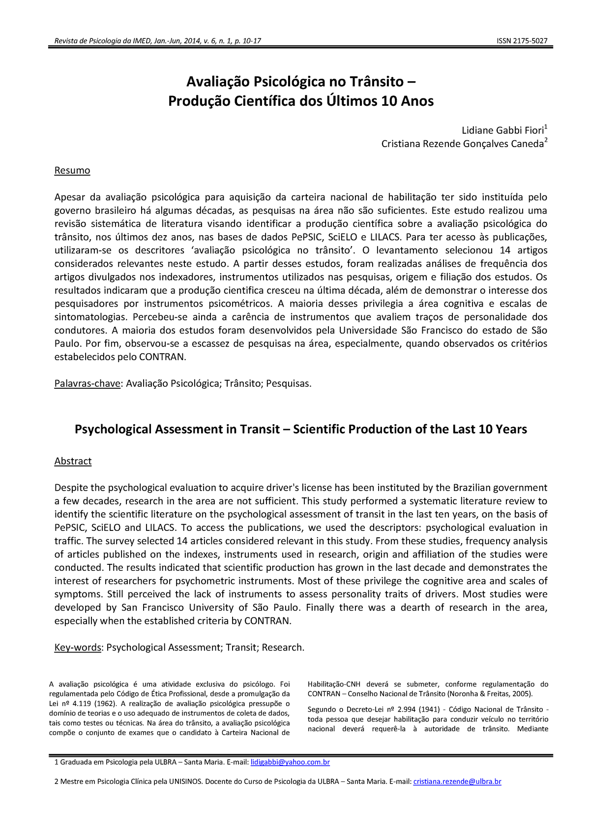 Avalia O Psicol Gica No Tr Nsito Ltimos Anos Revista De Psicologia Da Imed Jan Jun