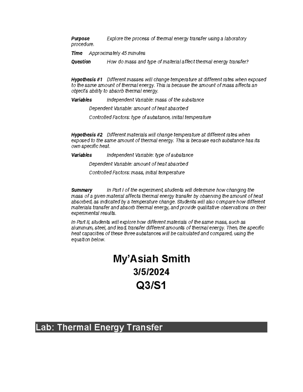 Lab Thermal Energy Transfer - Purpose Explore the process of thermal ...