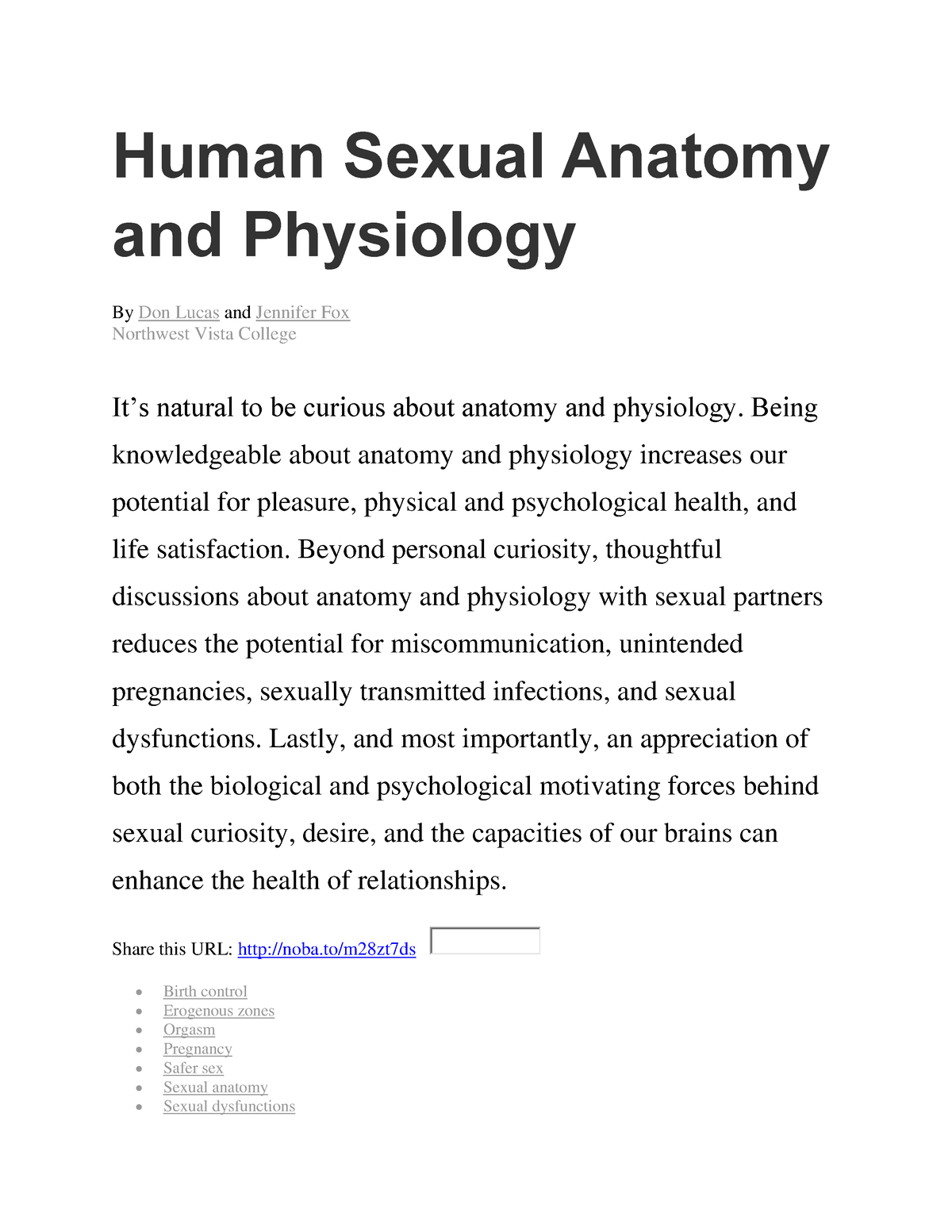 Human Sexual Anatomy And Physiology Human Sexual Anatomy And Physiology By Don Lucas And