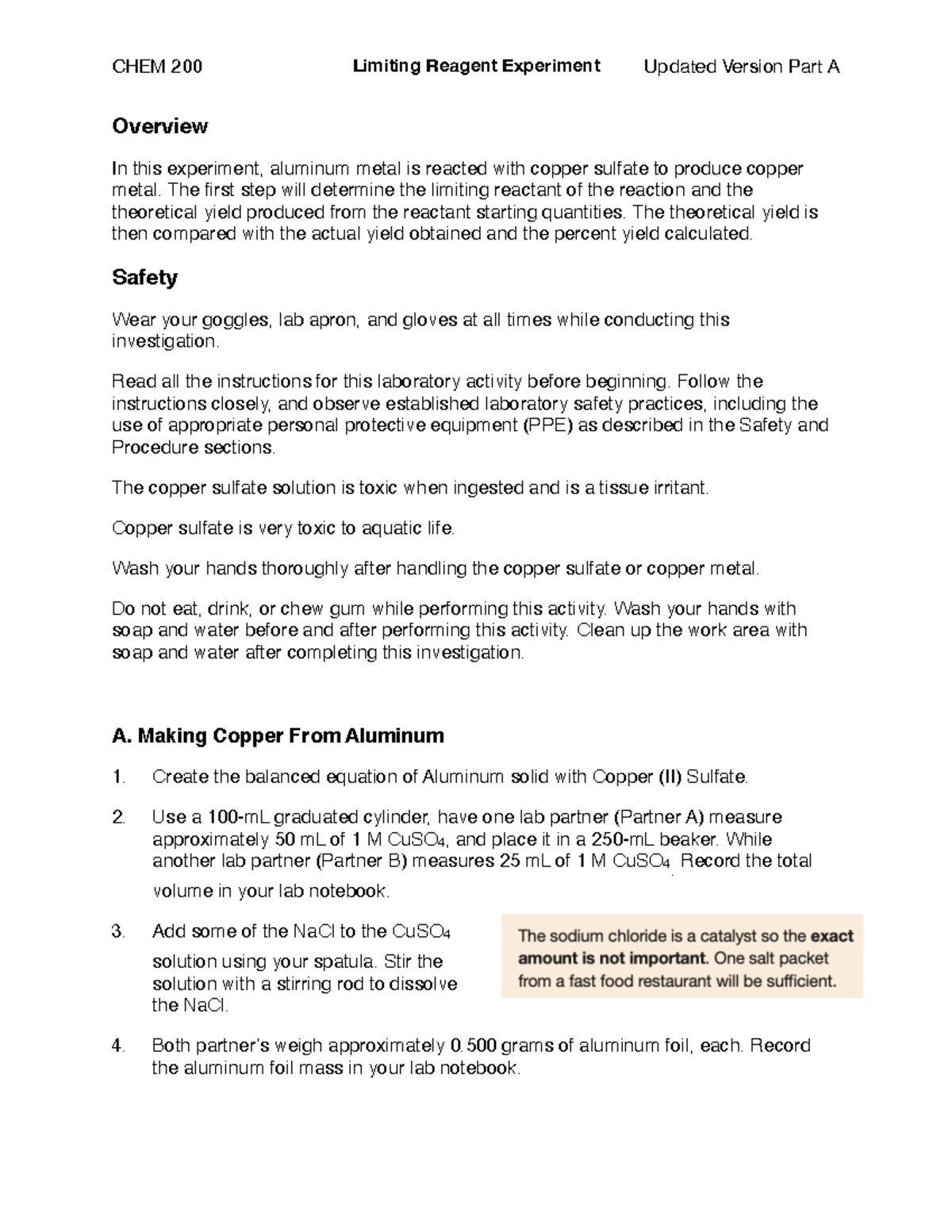 Limiting Reagent with Aluminum and Copper Sulfate CHEM 200 Limiting