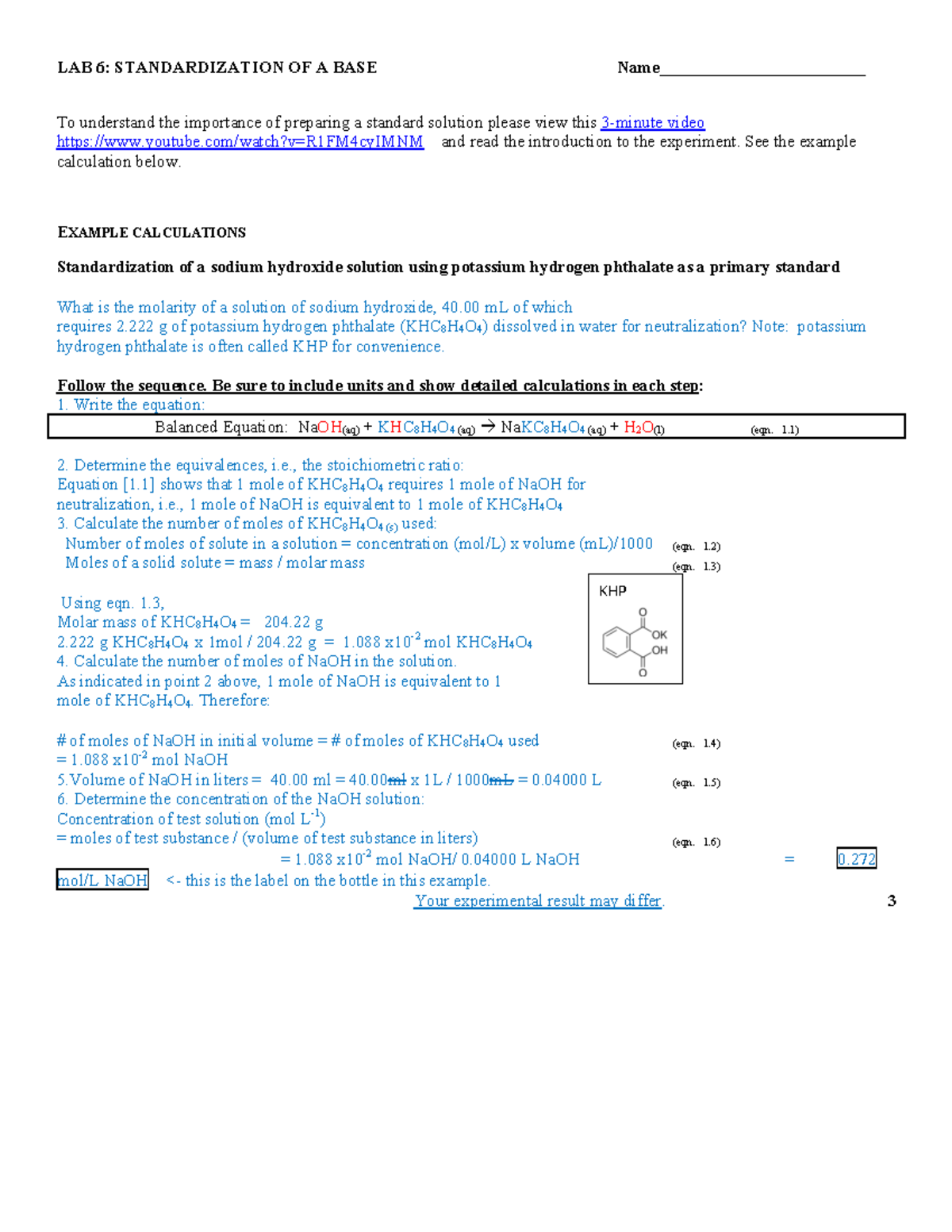 Lab 6 Na OH Standardization LAB 6 STANDARDIZATION OF A BASE Name