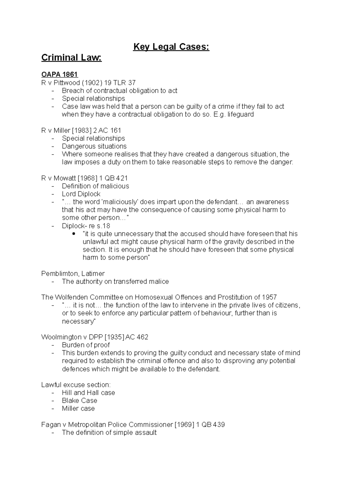 Key Legal Cases Criminal Key Legal Cases Criminal Law OAPA 1861 R V 