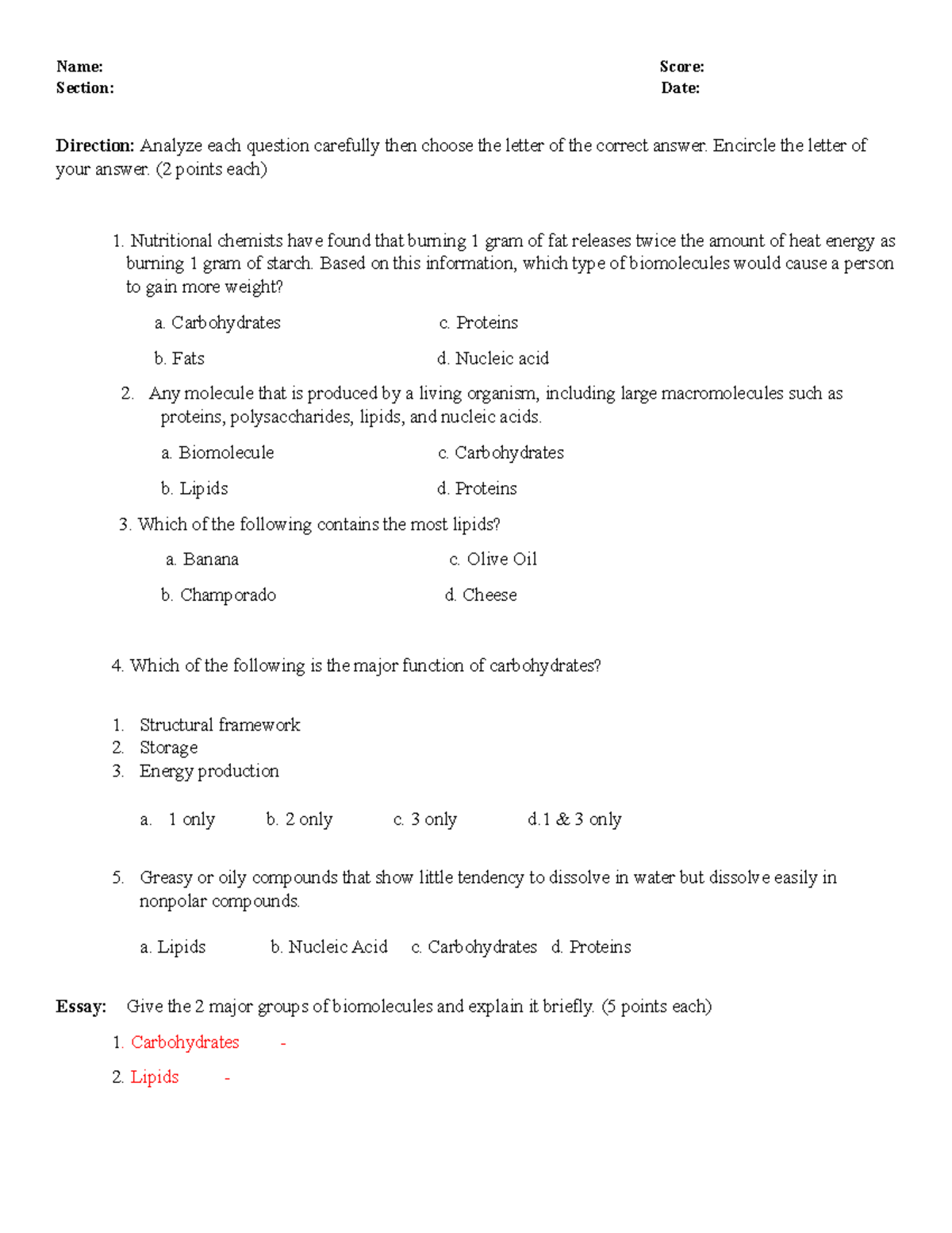 Biomolecules Detailed Lesson Plan Grade 10