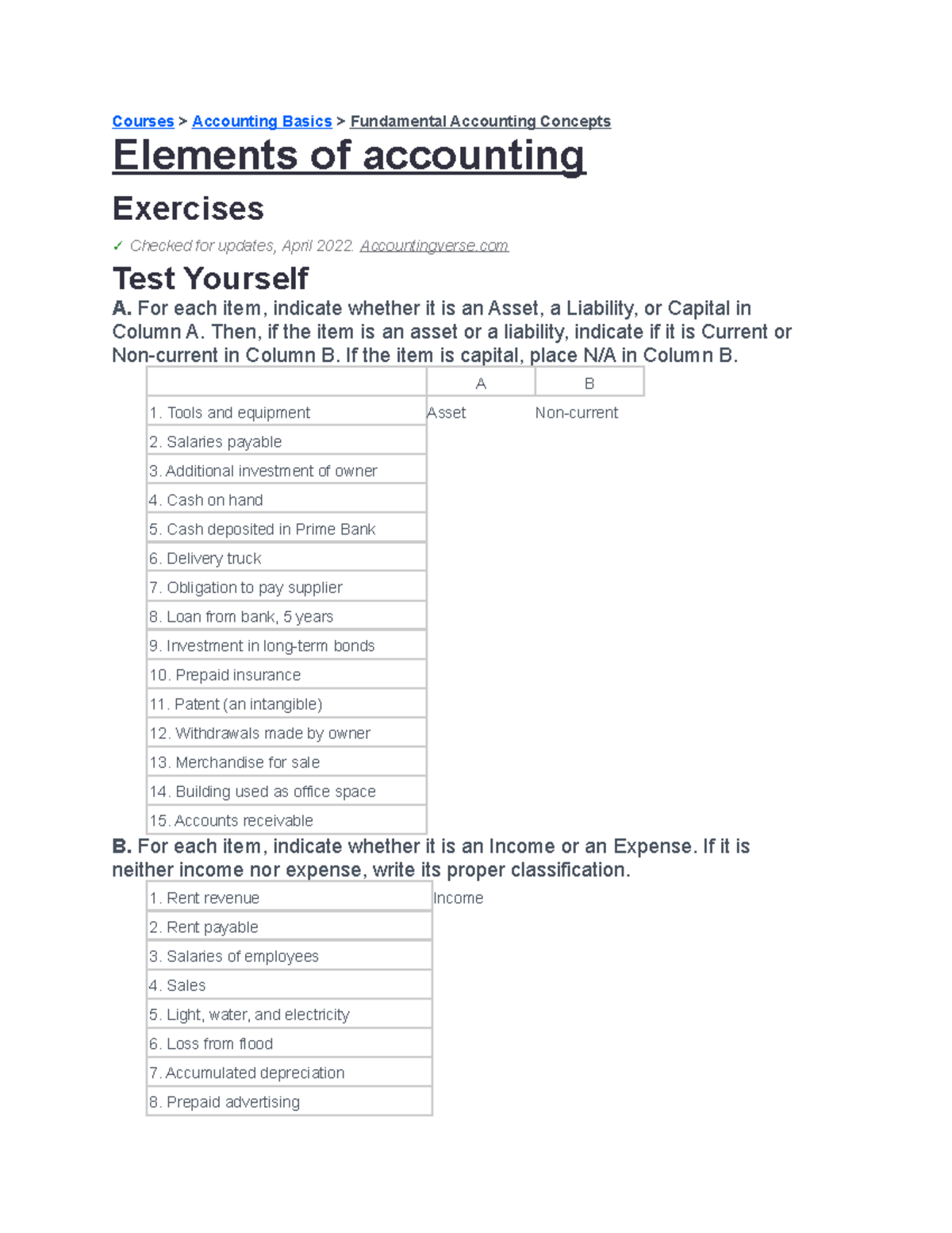 Elements OF Accounting Exercises - Courses > Accounting Basics ...