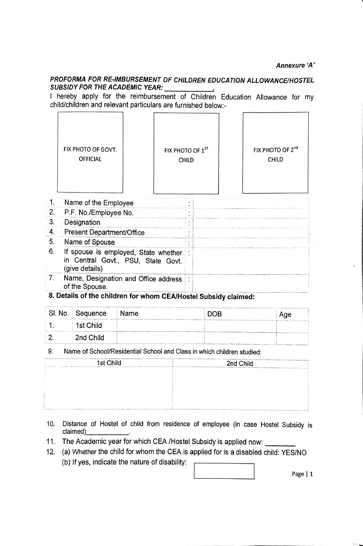 Child Edu Allow PROFORMA FOR REIMBURSEMENT OF CHILDREN EDUCATION