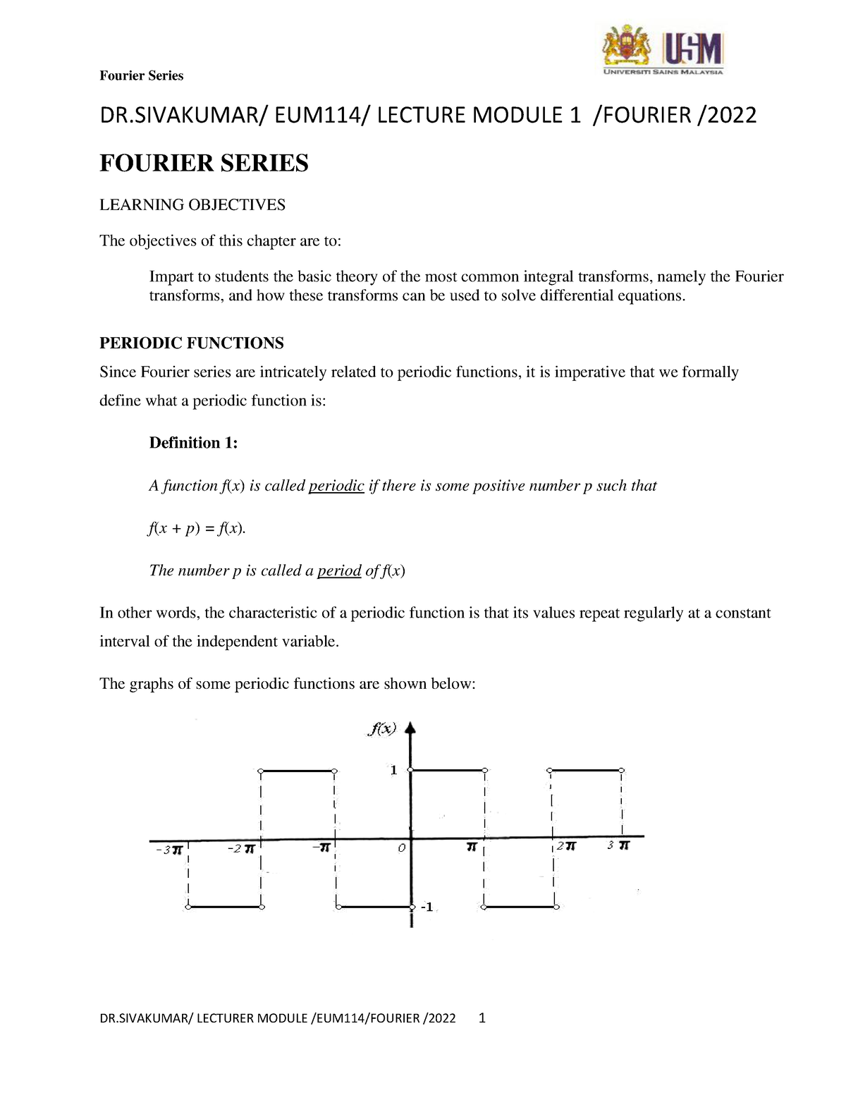 Module 1 Fourier Series D01M04Y2022 - DR/ EUM114/ LECTURE MODULE 1 ...