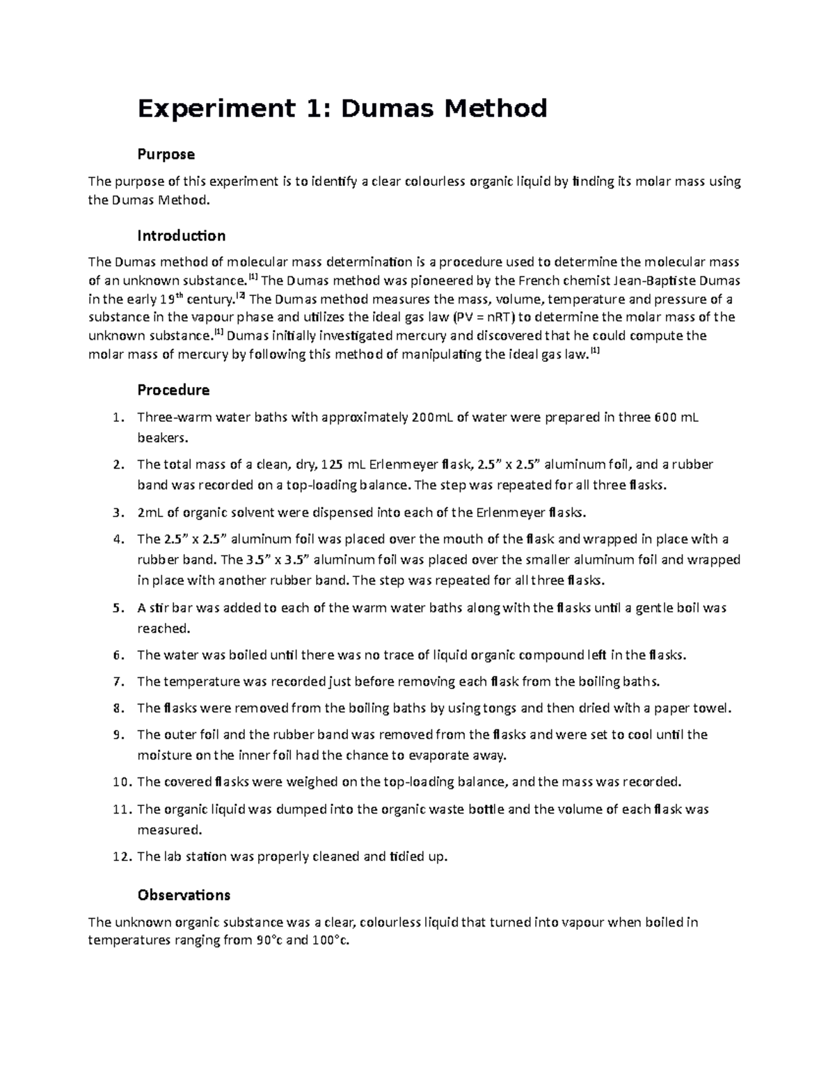 Dumas Method Lab Report - Experiment 1: Dumas Method Purpose The ...