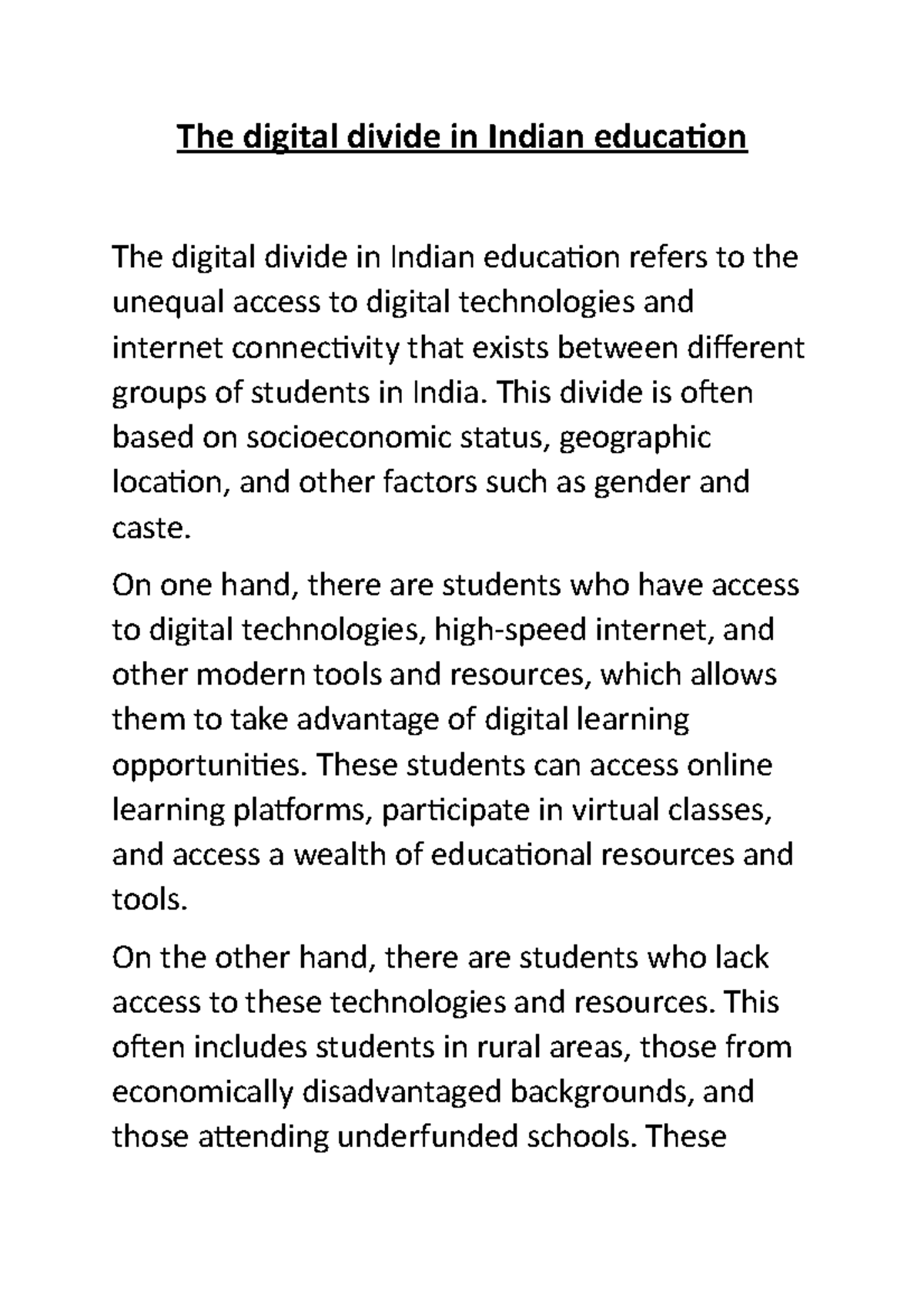 The digital divide in Indian education - This divide is often based on ...