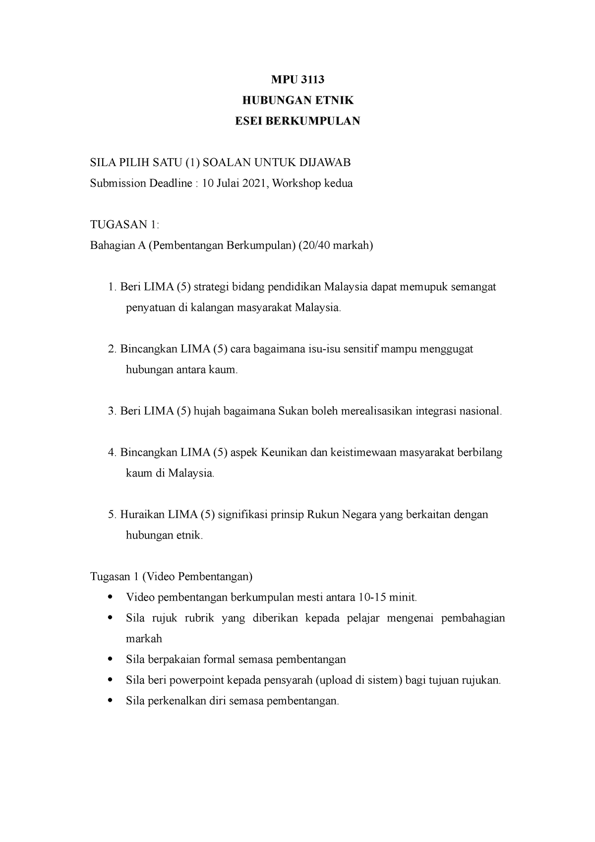 MPU3113 HE Assessment 1 ODL - MPU 3113 HUBUNGAN ETNIK ESEI BERKUMPULAN