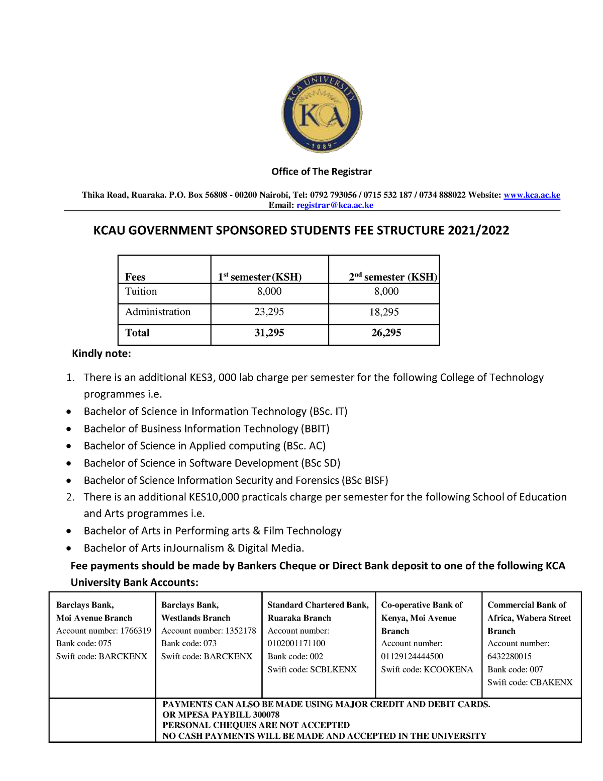 KCAU GSS 2021 Fee Structure applied computing Bsc Applied Computing