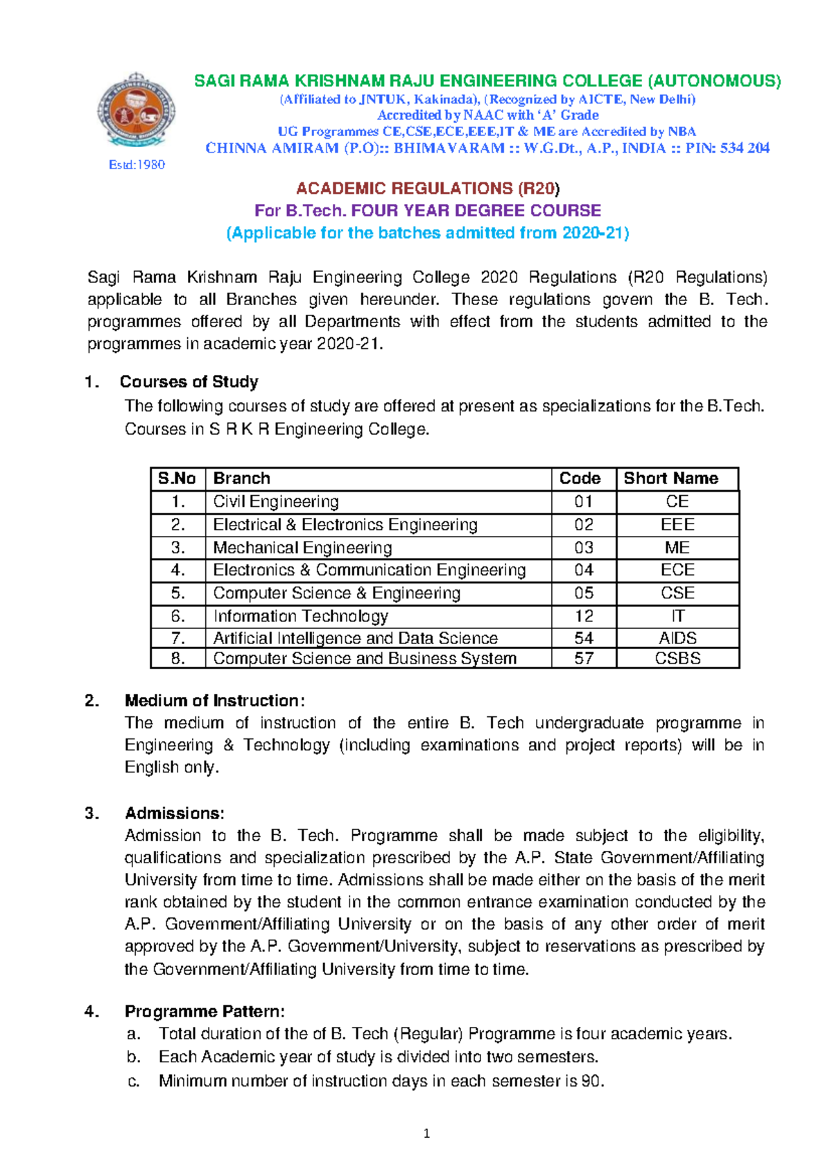 Btech R20 Regulations NEW - SAGI RAMA KRISHNAM RAJU ENGINEERING COLLEGE ...