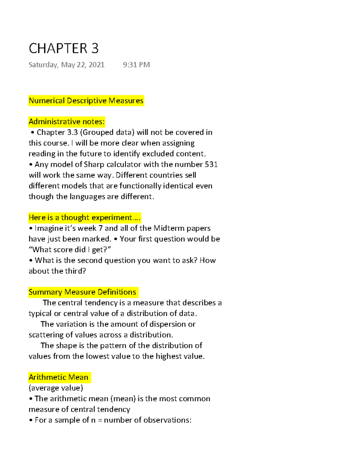 232 ch3 - Lecture notes 3 - Numerical Descriptive Measures ...