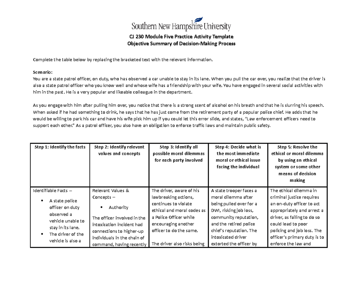 CJ 230 Module Five Practice Activity - Scenario: You are a state patrol ...