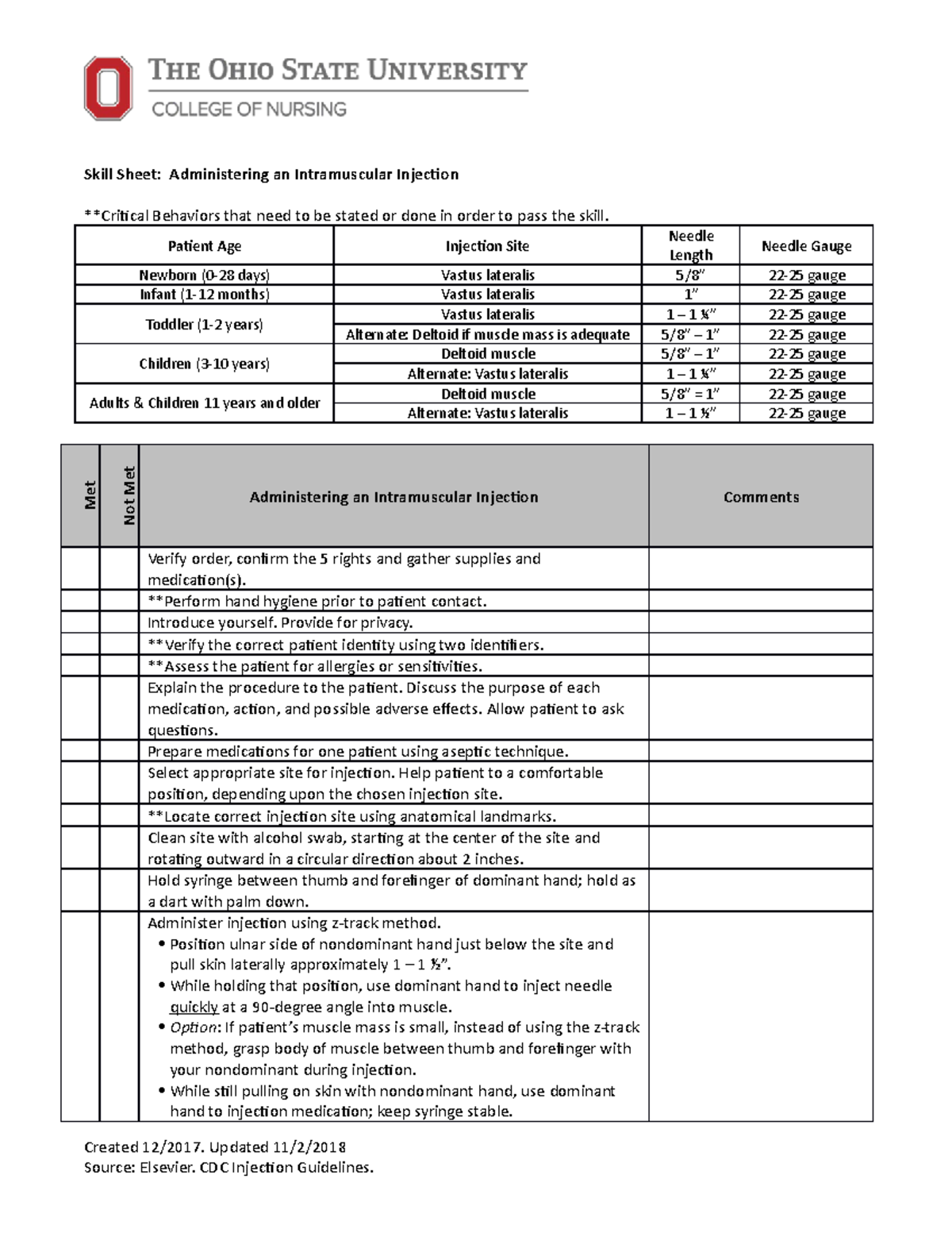 Med Admin Intramuscular Injection - Skill Sheet: Administering An ...