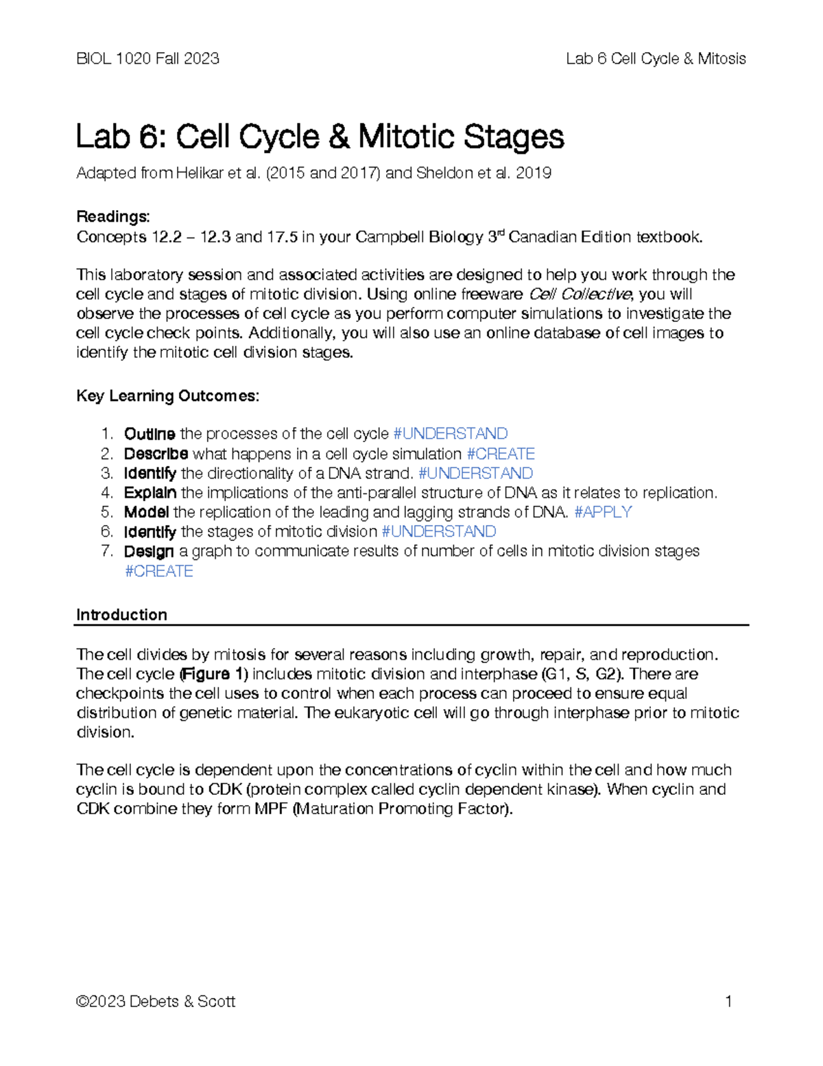 Biol 1020 Lab 6 Handout Lab 6 Cell Cycle And Mitotic Stages Adapted From Helikar Et Al 2015 0525