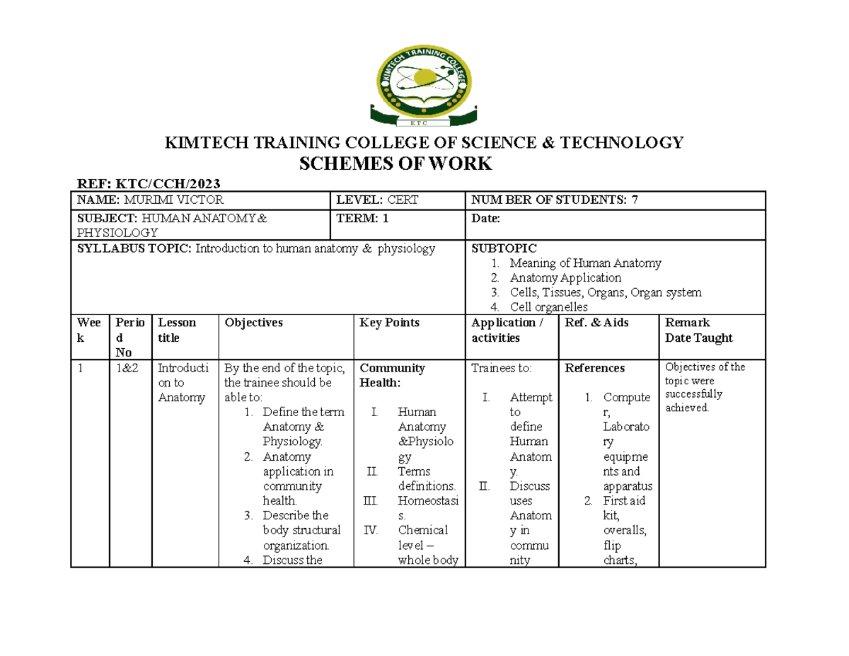 KTC Modified Schemes OF WORK KIMTECH TRAINING COLLEGE OF SCIENCE
