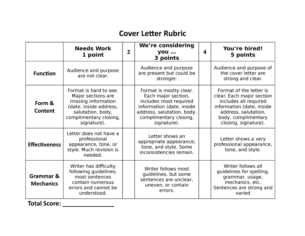 rubrics for application letter writing