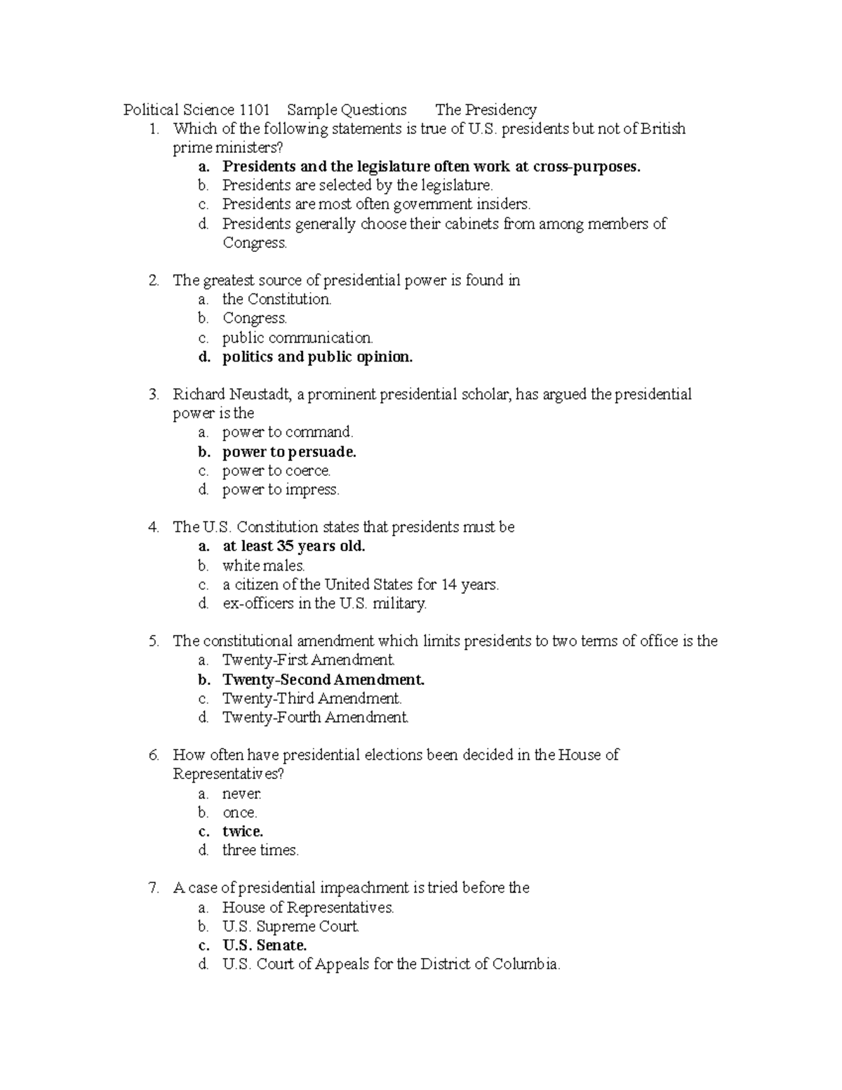 Presidency - Quiz - Political Science 1101 Sample Questions The ...