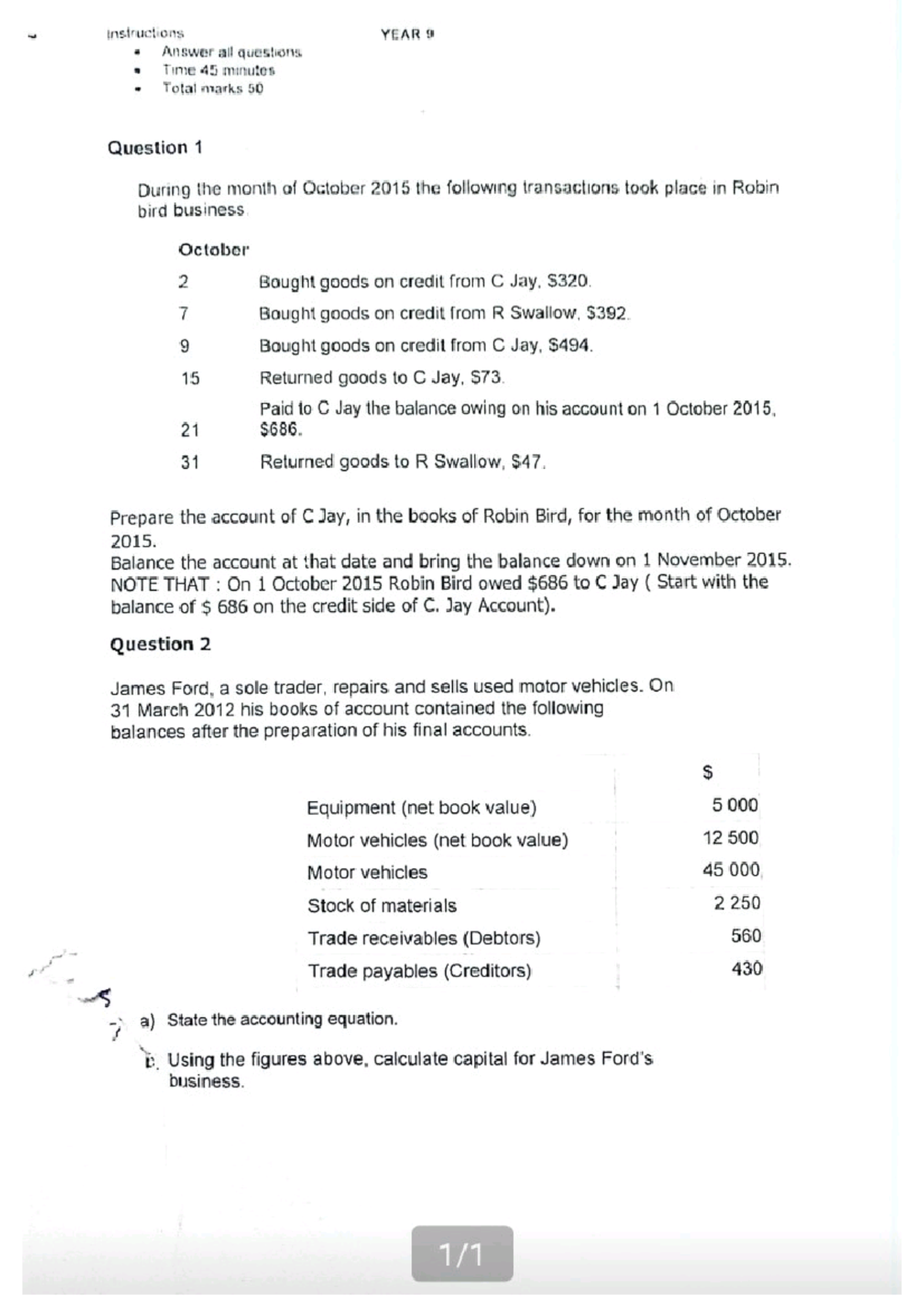 Accounting - Qstns - Instructions YEAR 9 Answer all questions Time 45 ...