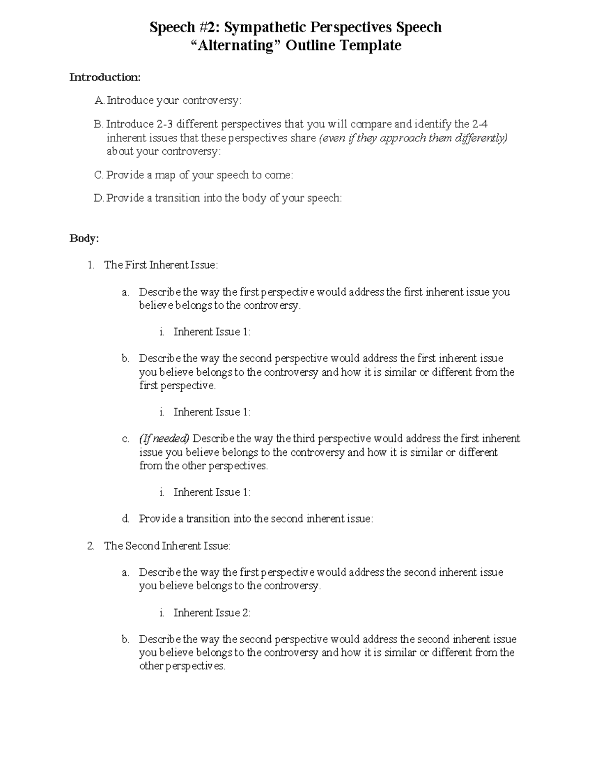 (New) Speech 2 Alternating Perspectives Initial Outline Template Speech 2 Sympathetic