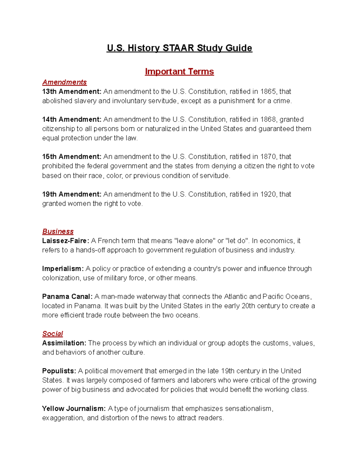 U S History STAAR Study Guide U History STAAR Study Guide Important U S History STAAR Study Guide U History STAAR Study Guide Important