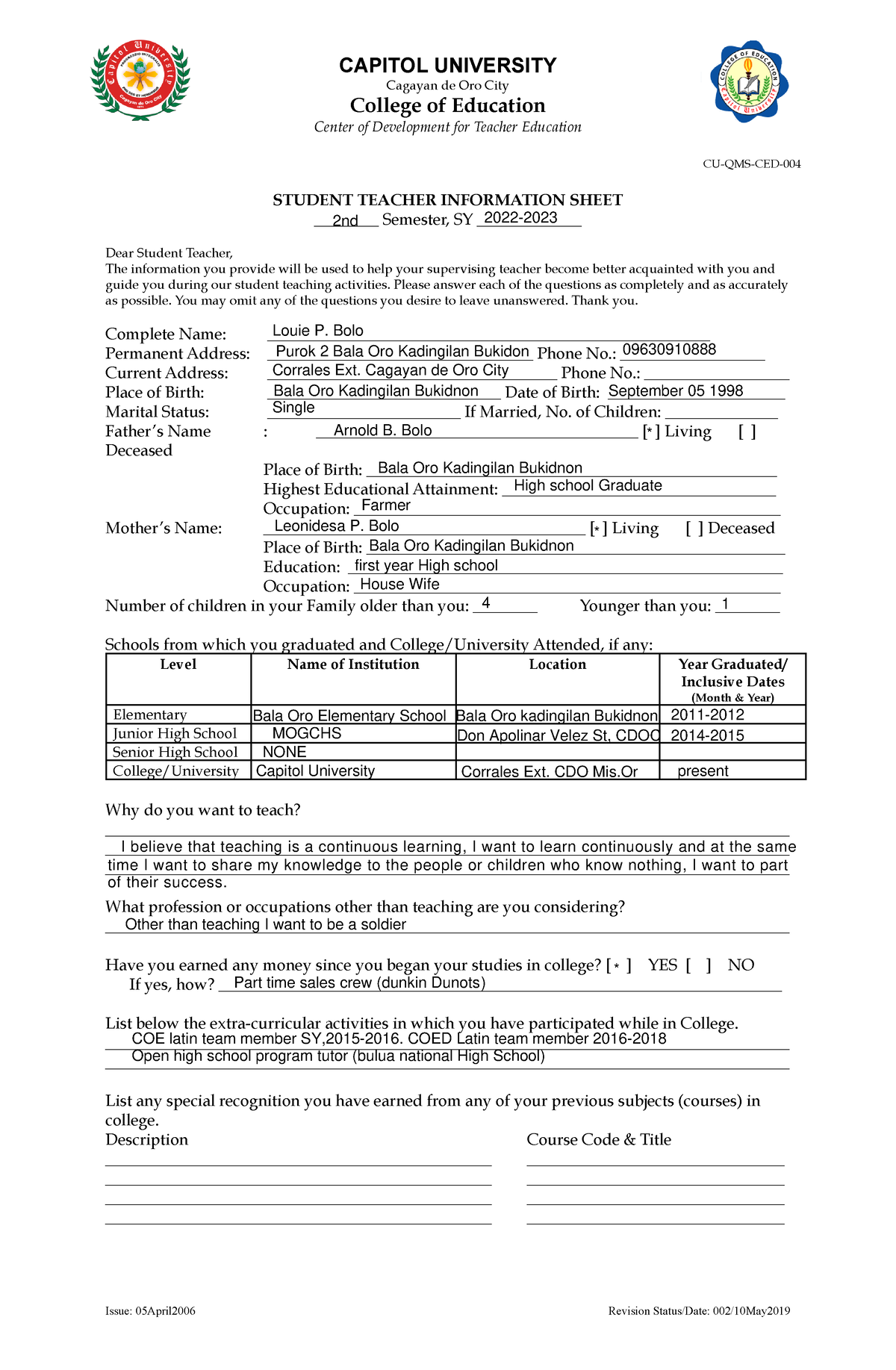 2. Teaching Intern Information Sheet final - CAPITOL UNIVERSITY Cagayan ...