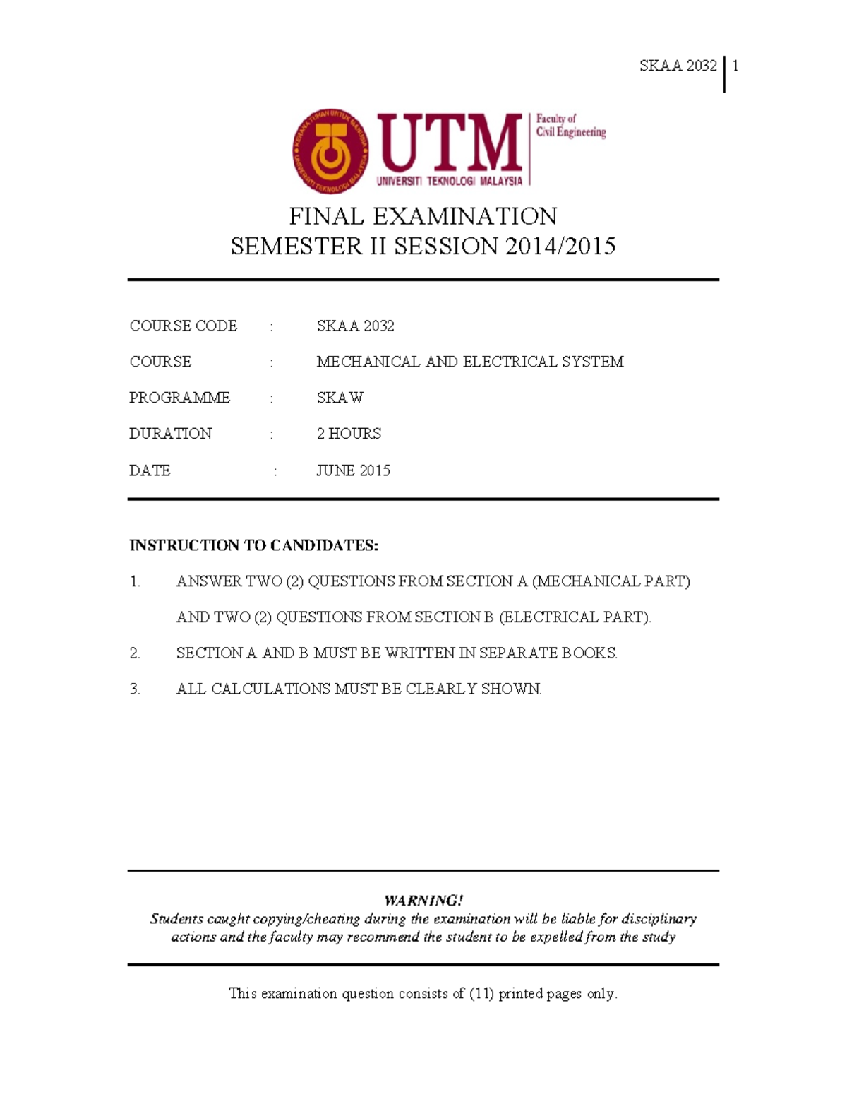 Exam June 2015, questions - SKAA 2032 1 FINAL EXAMINATION SEMESTER II ...