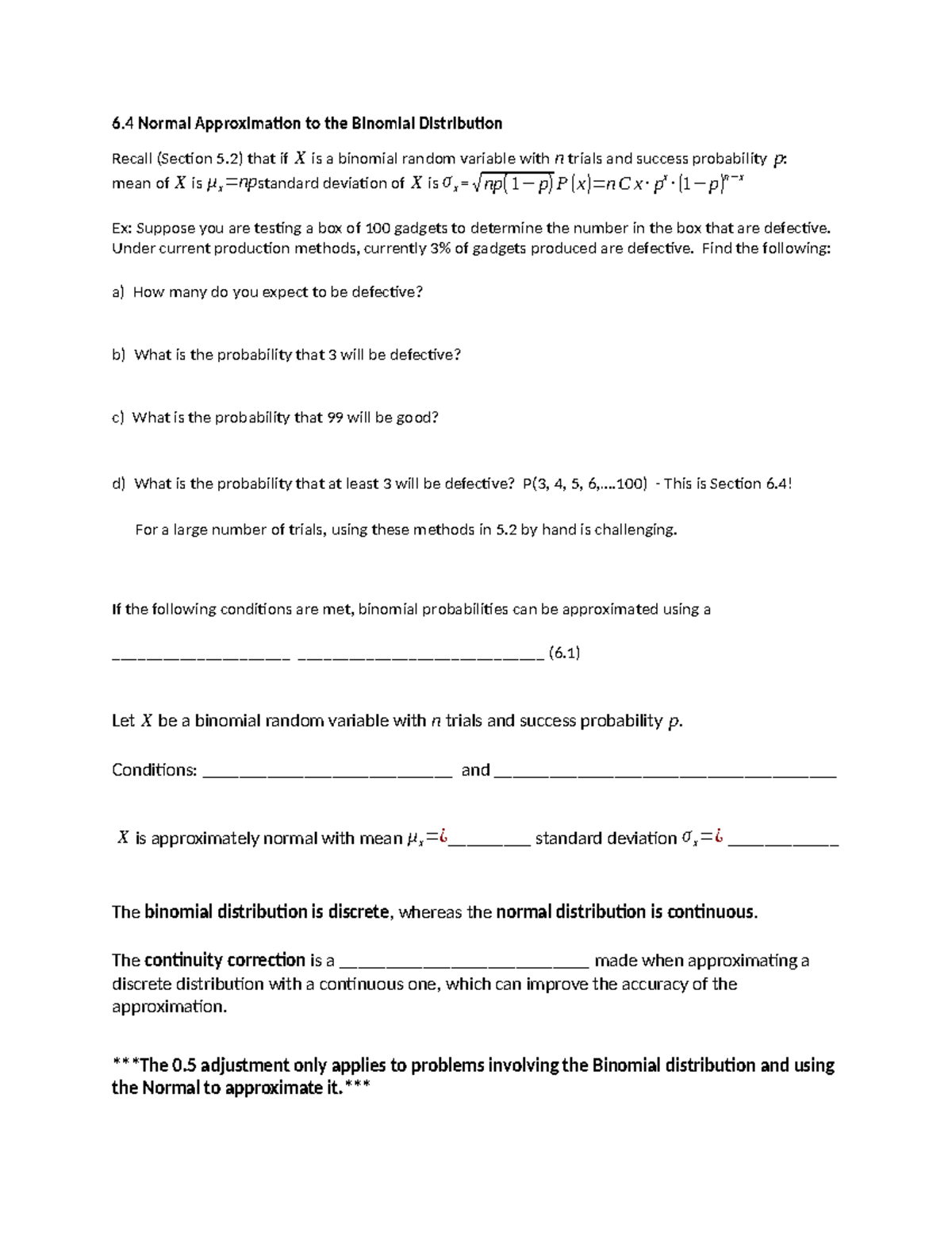 6.4 normal approx with binomial distribution - fill in the blank - 6 ...