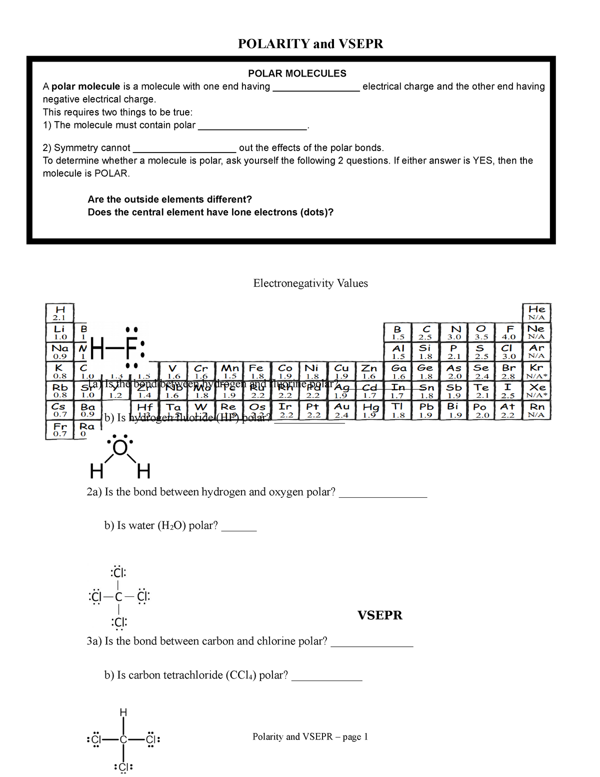 Polarity and Vsepr Notes - POLARITY and VSEPR Electronegativity Values ...