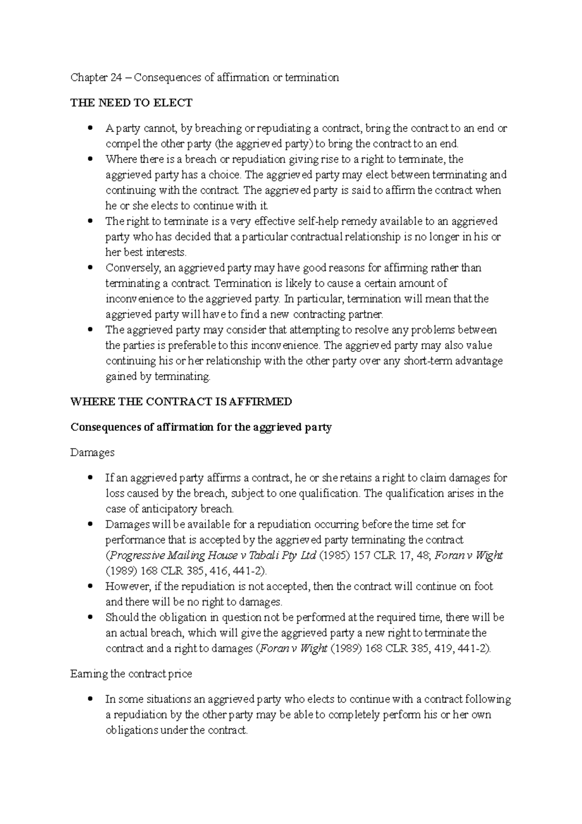 Summary Contract Cases And Materials Chapter 24 Consequences Of 