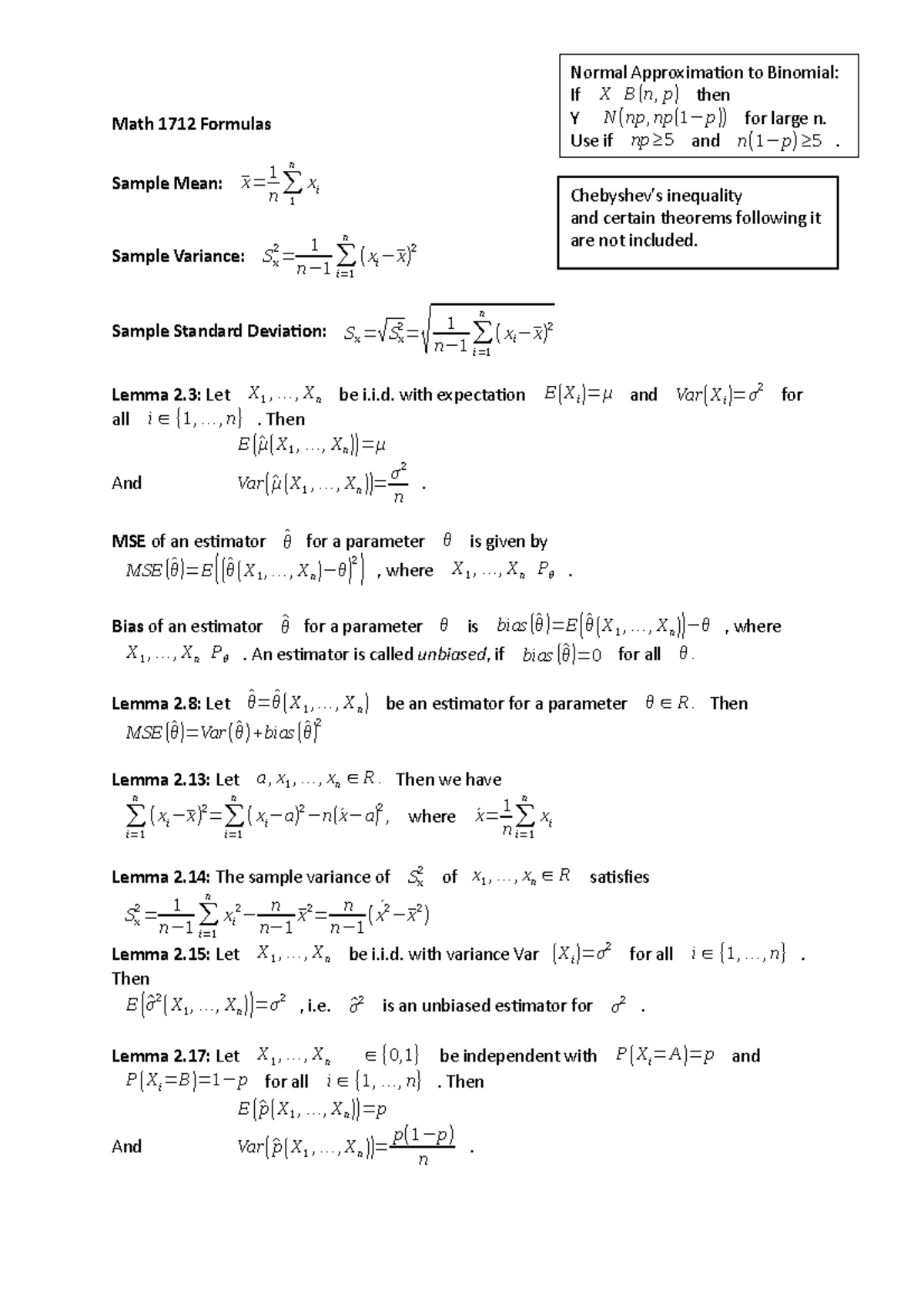 Math 1712 Formulas Exc Distributions Studocu