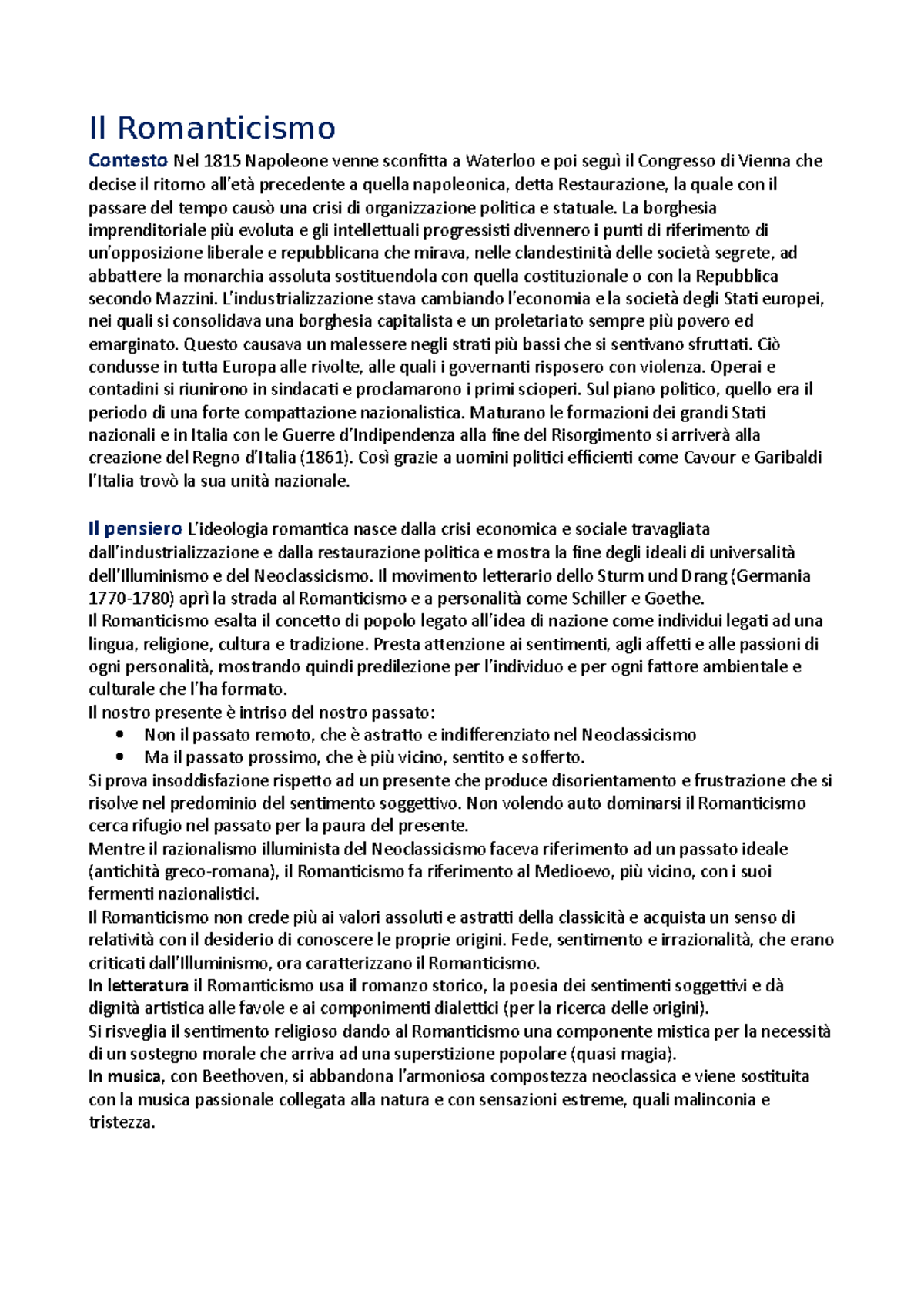 Il Romanticismo lezioni Il Romanticismo Contesto Nel 1815 Napoleone