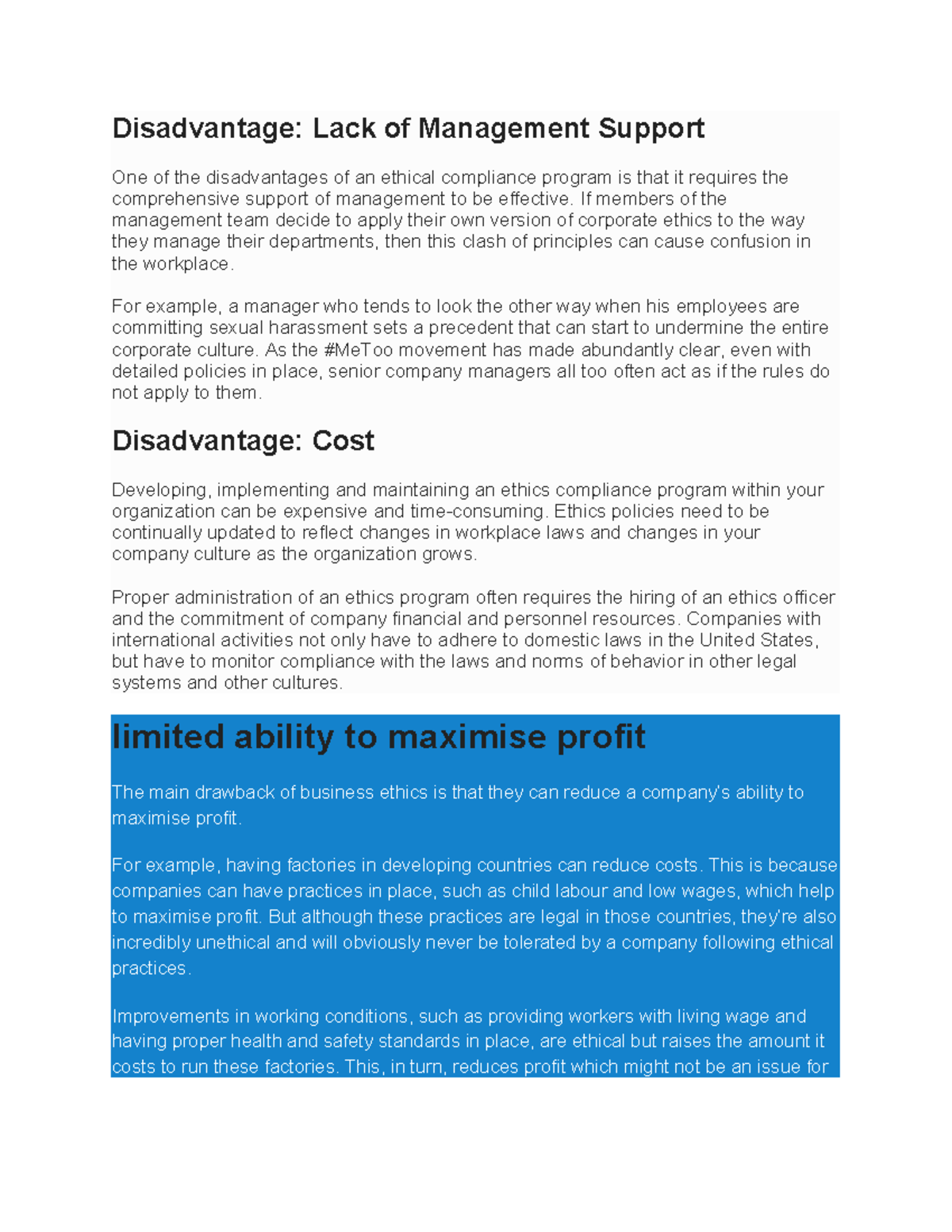 Disadvantage of ethics - Disadvantage: Lack of Management Support One ...