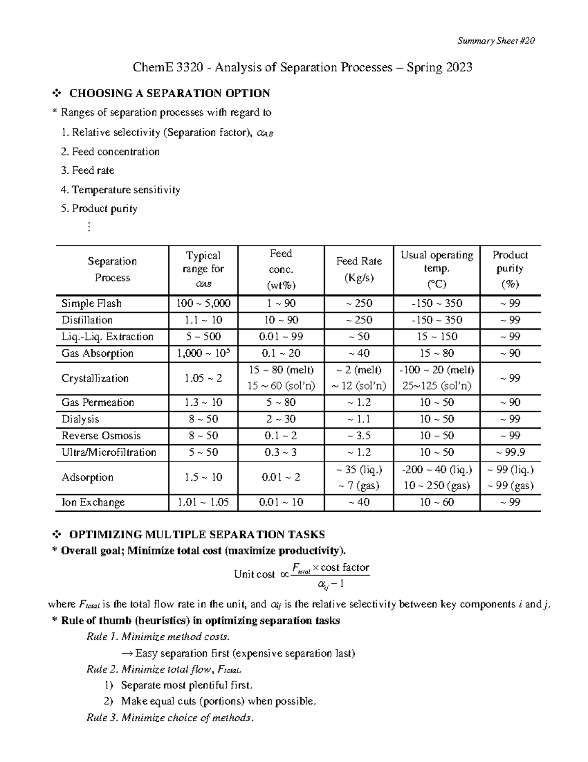 Chem E 3320 Summary 20 Choosing Separation Option - Summary Sheet ...