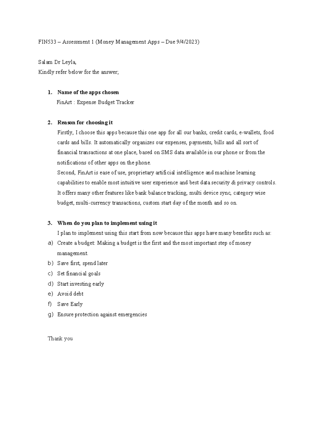 FIN533 – Assessment 1 (Money Management Apps – Due 9 - FIN533 ...