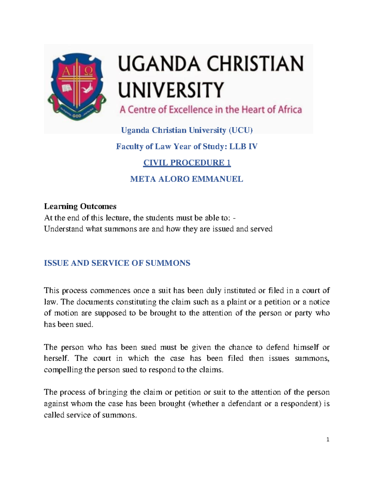 Civil Procedure Lecture Notes 3 Summons 2 Uganda Christian University