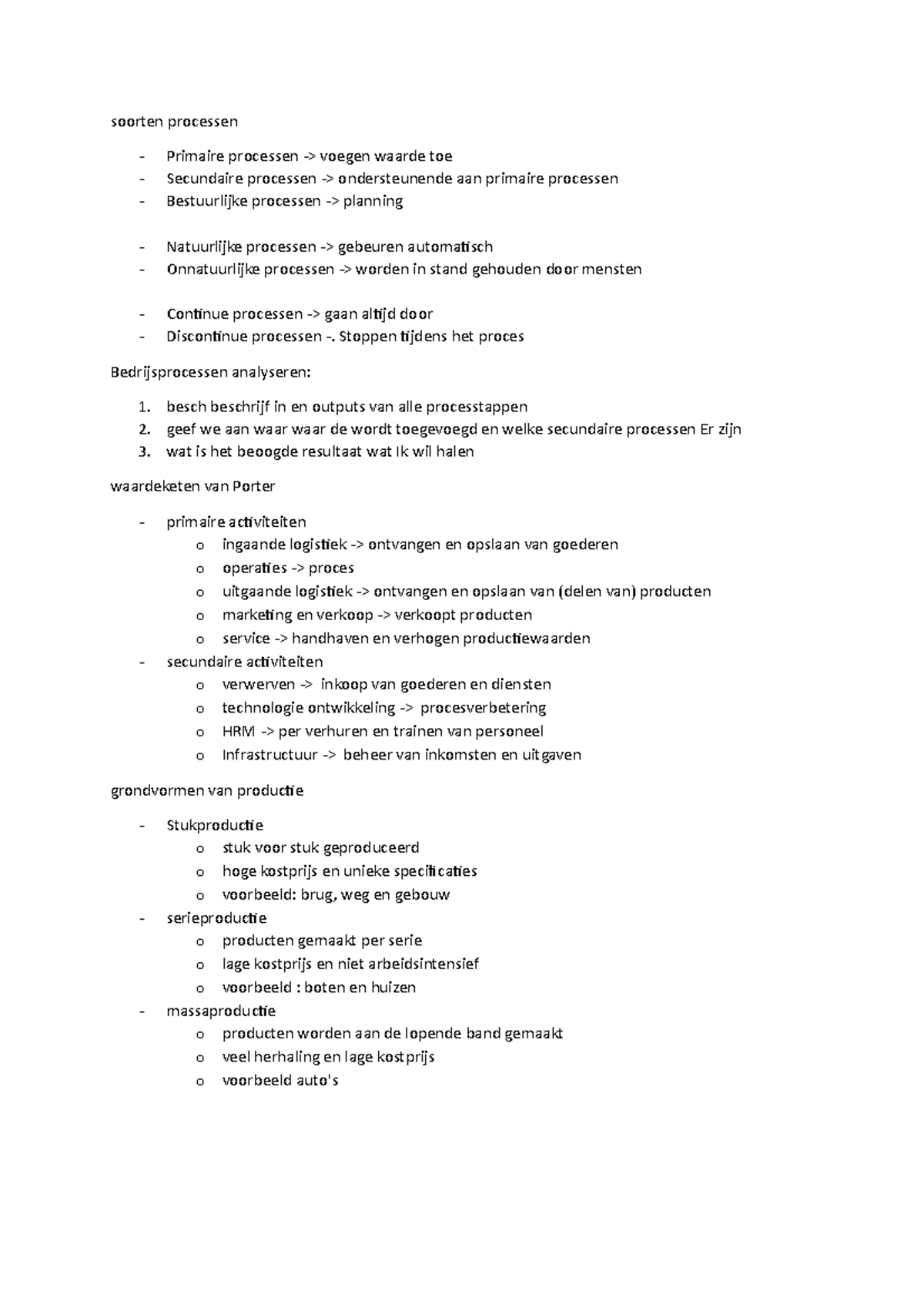 Korte Samenvatting Vak Procesmanagement - Soorten Processen Primaire ...