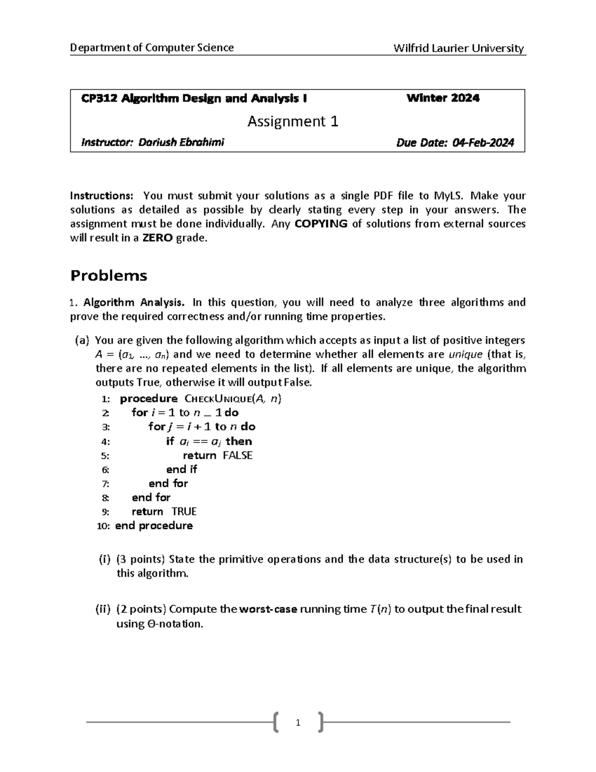Assignment 1 - — Instructions: You must submit your solutions as a ...