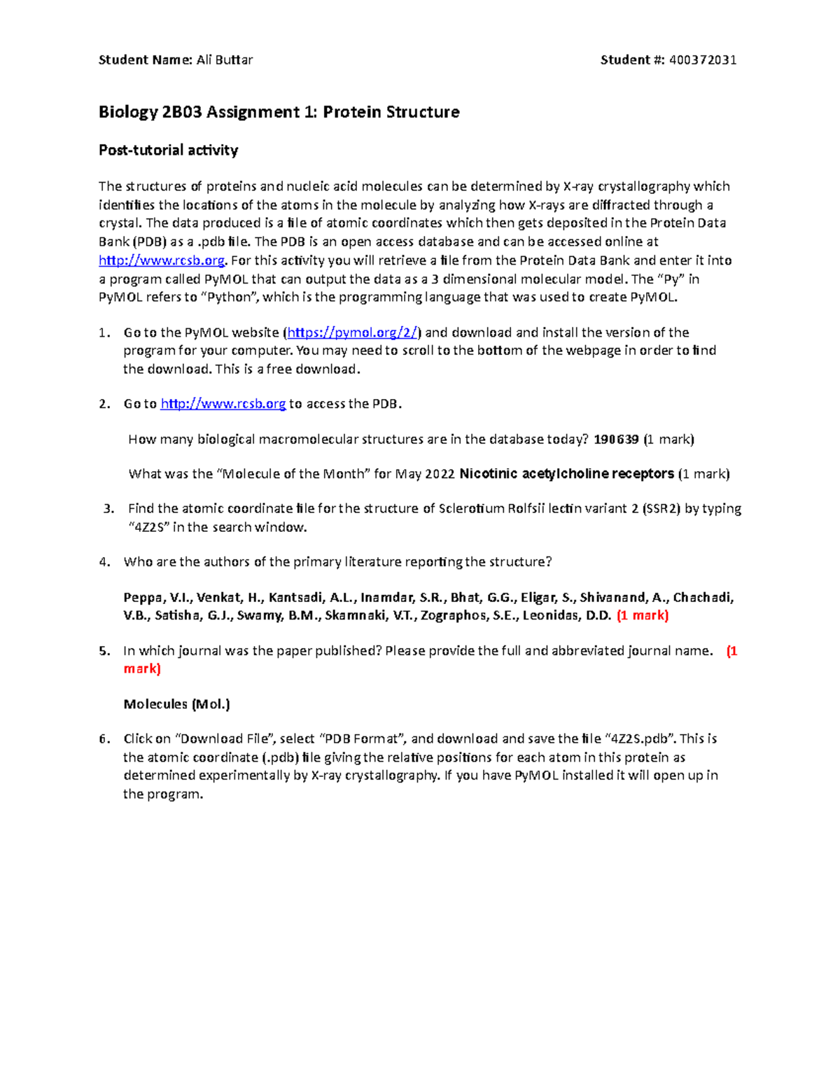 S22 Bio 2B03 Assignment 1 - Protein Structure - Biology 2B03 Assignment ...