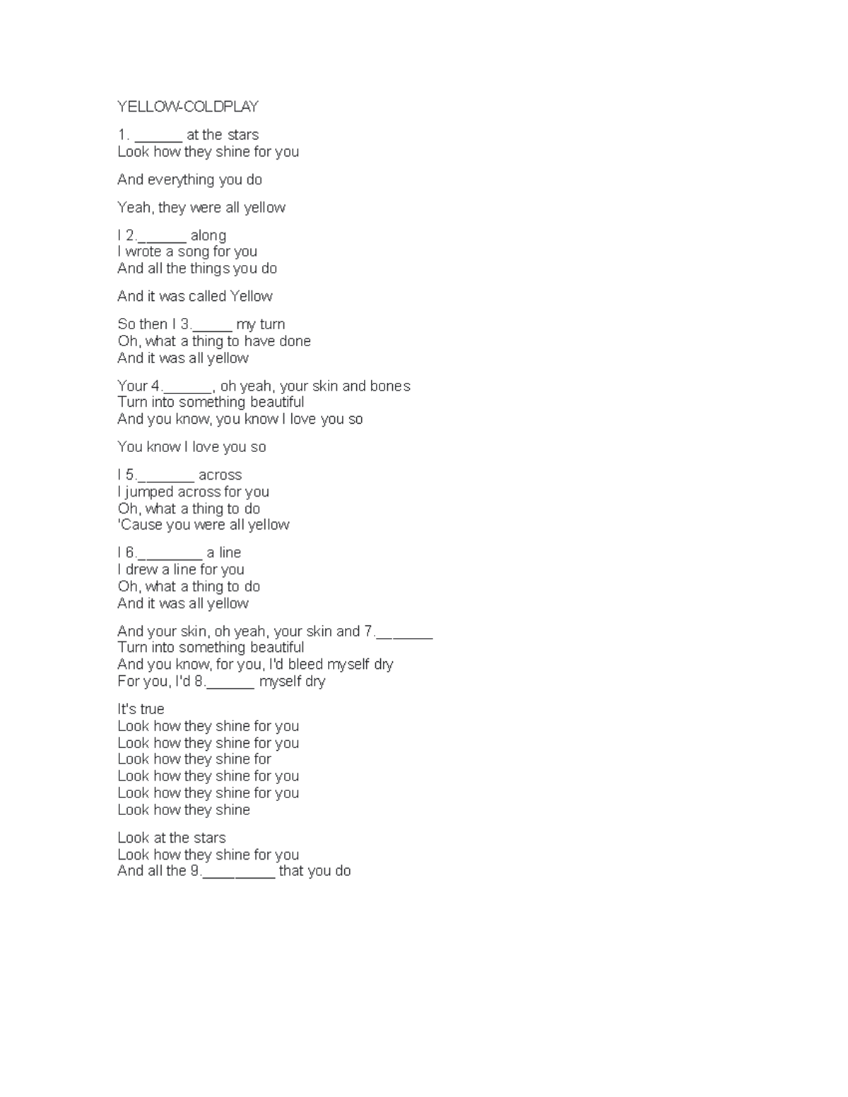 Yellow - Sirve de reforzamiento de vocabulario. - YELLOW-COLDPLAY ...